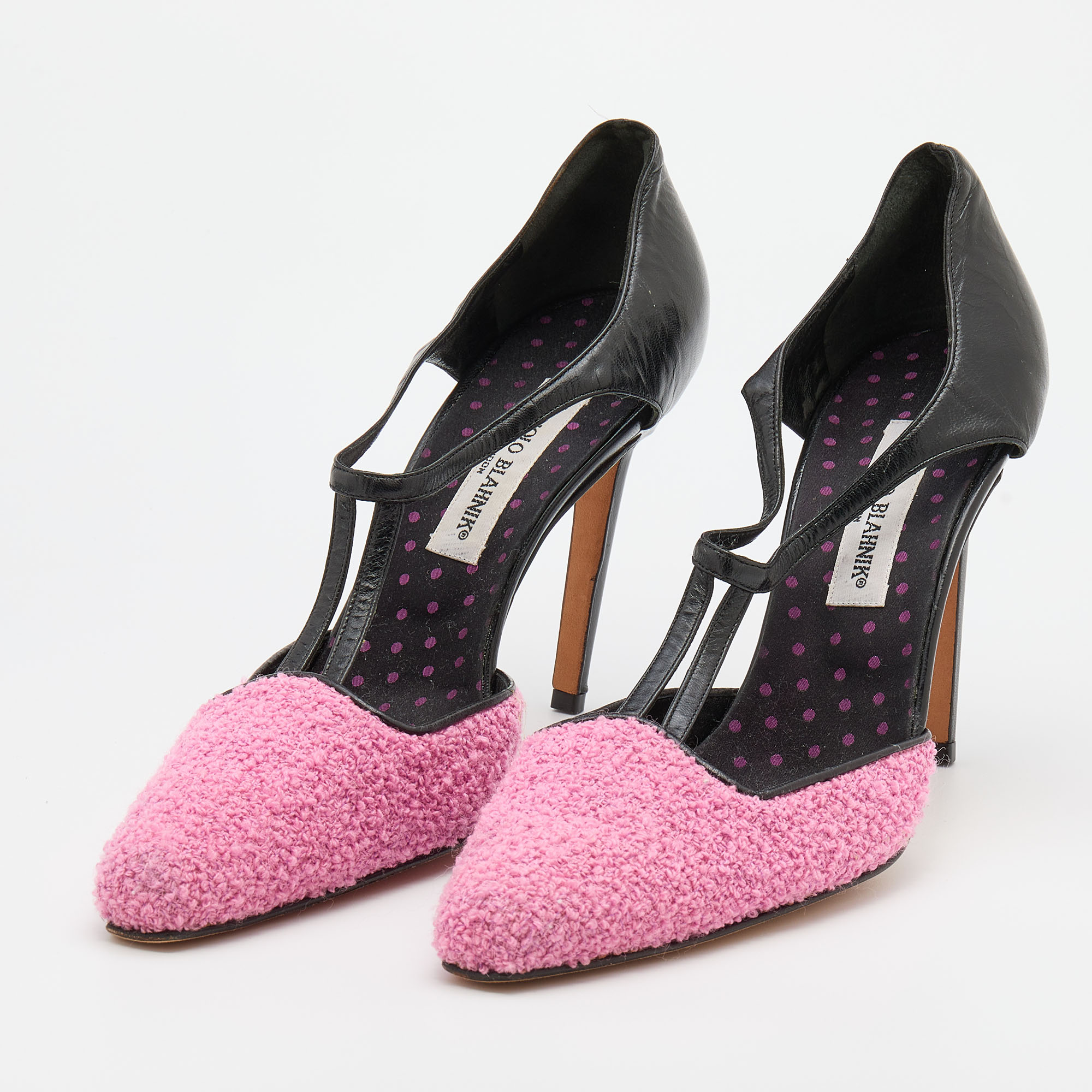 

Manolo Blahnik Pink/Black Tweed and Leather T-Bar Square Toe Pumps Size