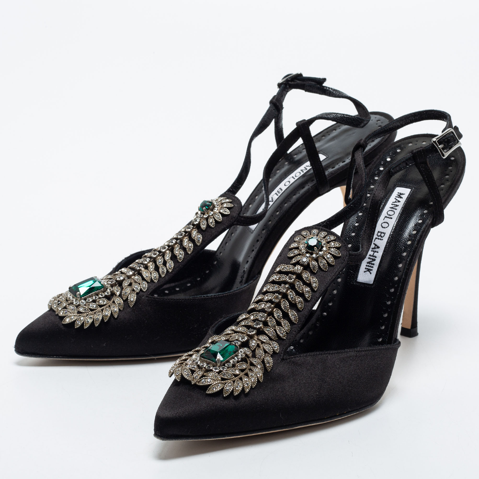 

Manolo Blahnik Black Satin Crystal Embellished Jamala Ankle Strap Pumps Size