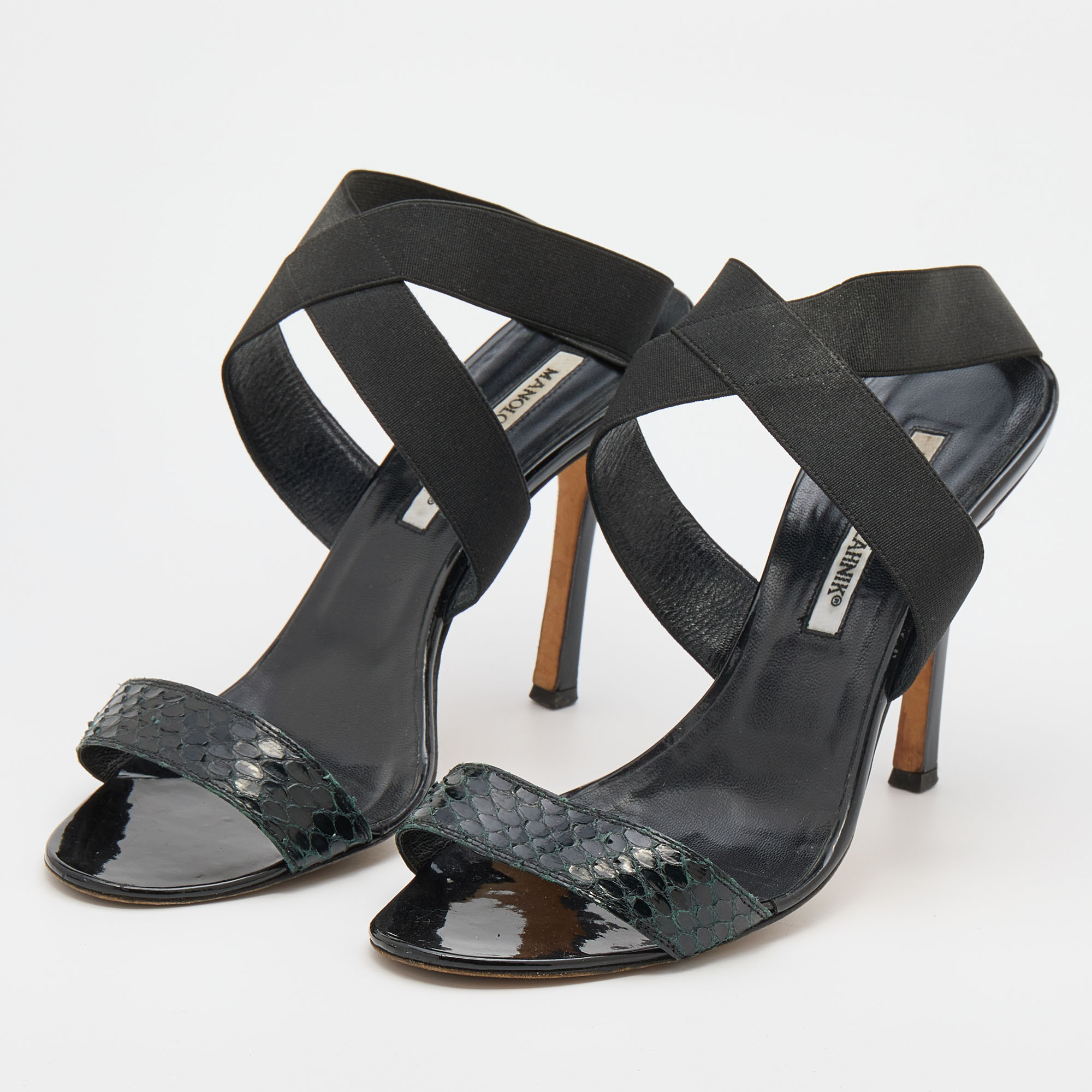 

Manolo Blahnik Black Snakeskin and Elastic Ankle Strap Sandals Size