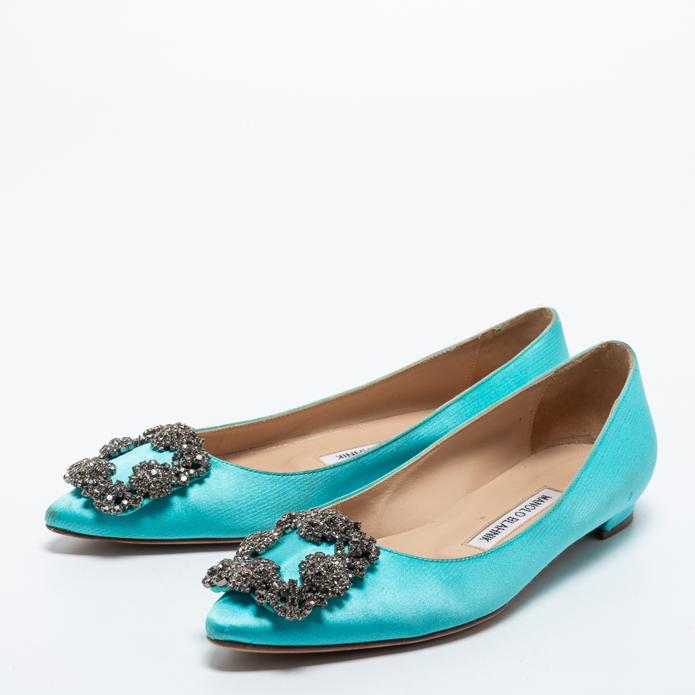 

Manolo Blahnik Light Blue Satin Hangisi Crystals Ballet Flats Size