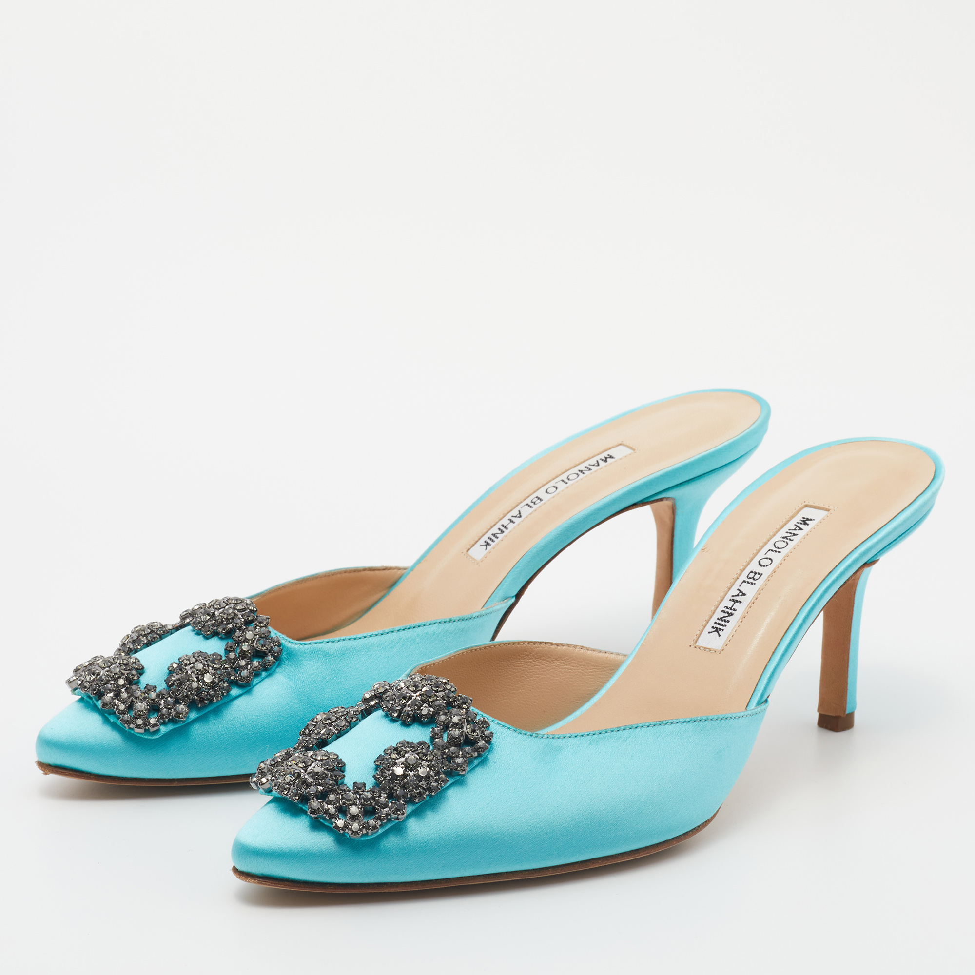 

Manolo Blahnik Blue Satin Hangisi Mules Size