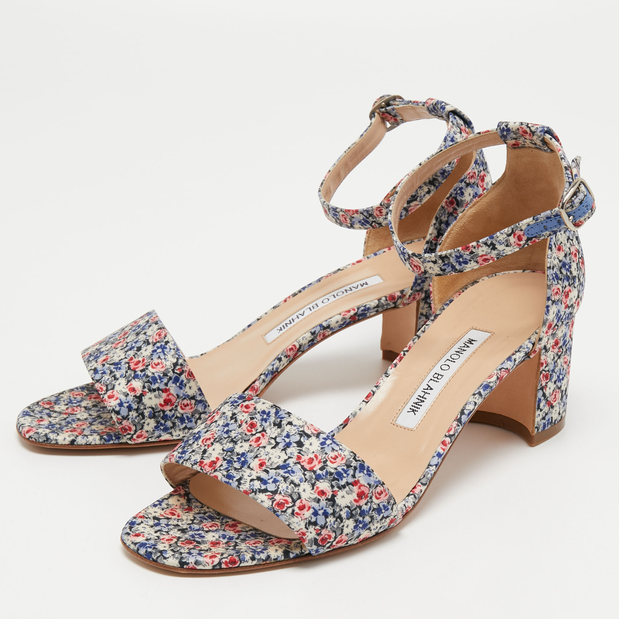 

Manolo Blahnik Multicolor Floral Fabric Laura Ankle Strap Sandals Size