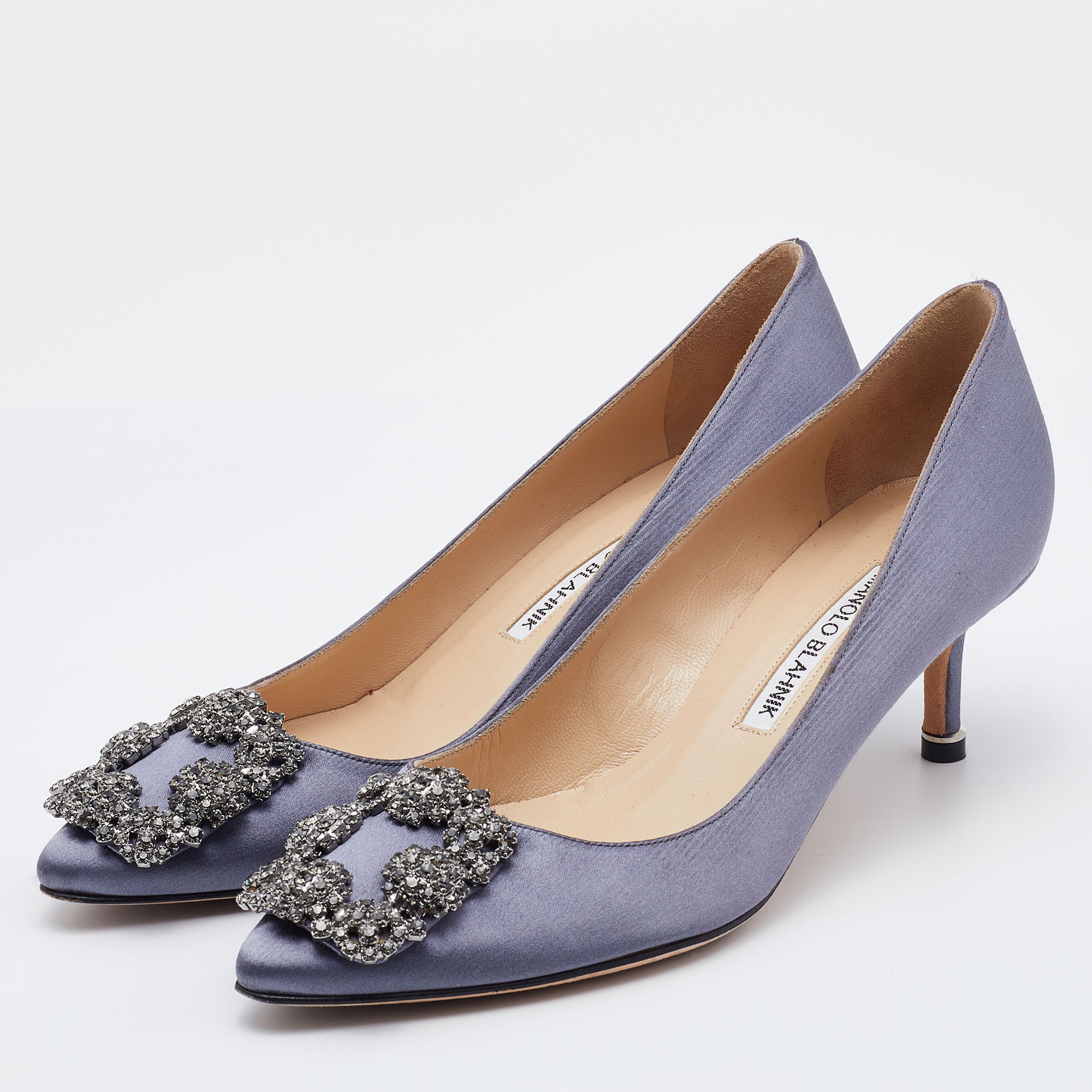 

Manolo Blahnik Grey Satin Hangisi Crystal Embellished Pumps Size