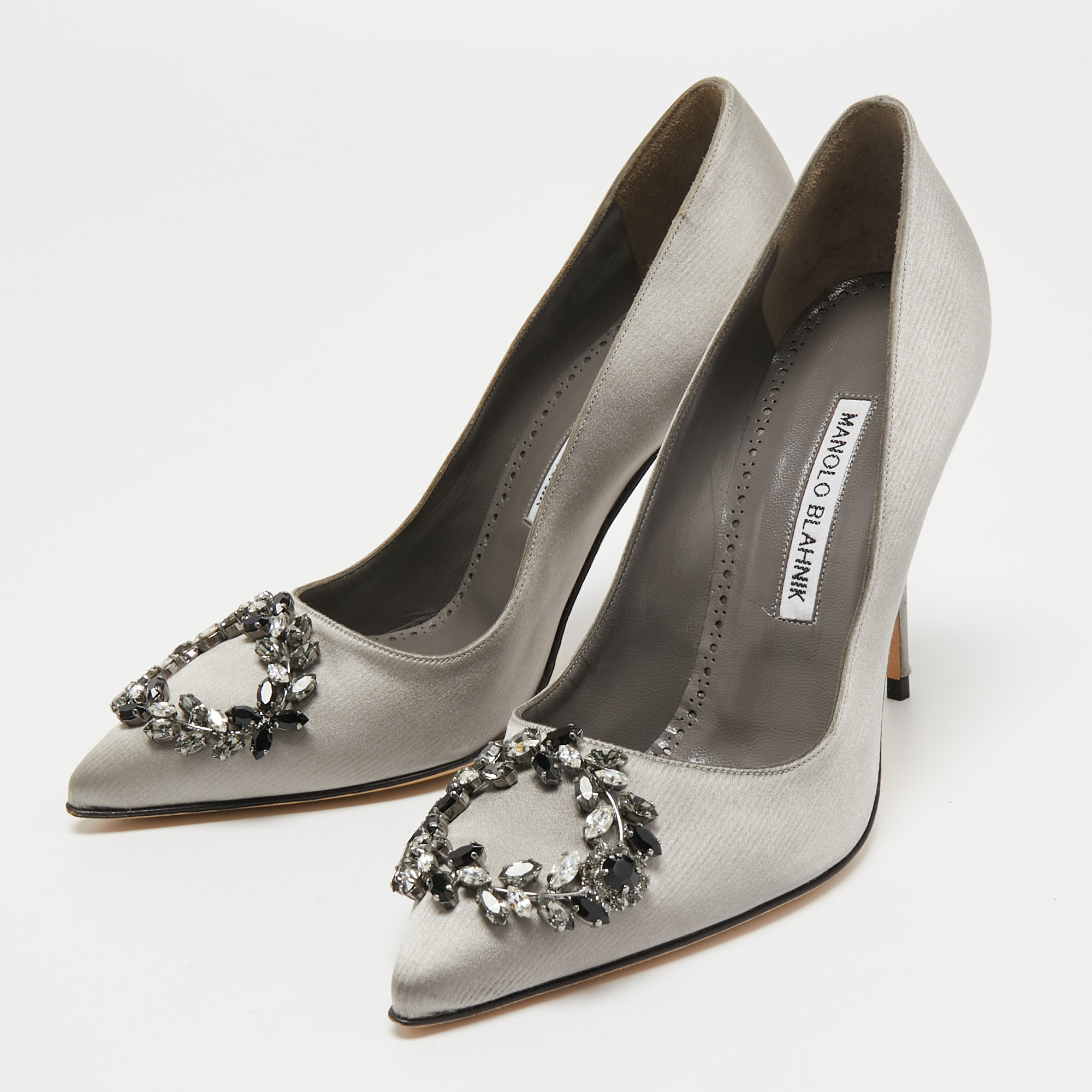 

Manolo Blahnik Grey Satin Bolliana Pumps Size