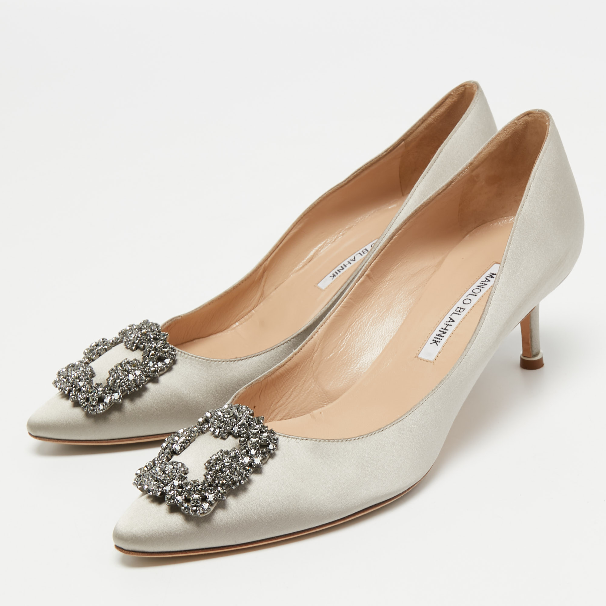 

Manolo Blahnik Grey Satin Hangisi Pumps Size