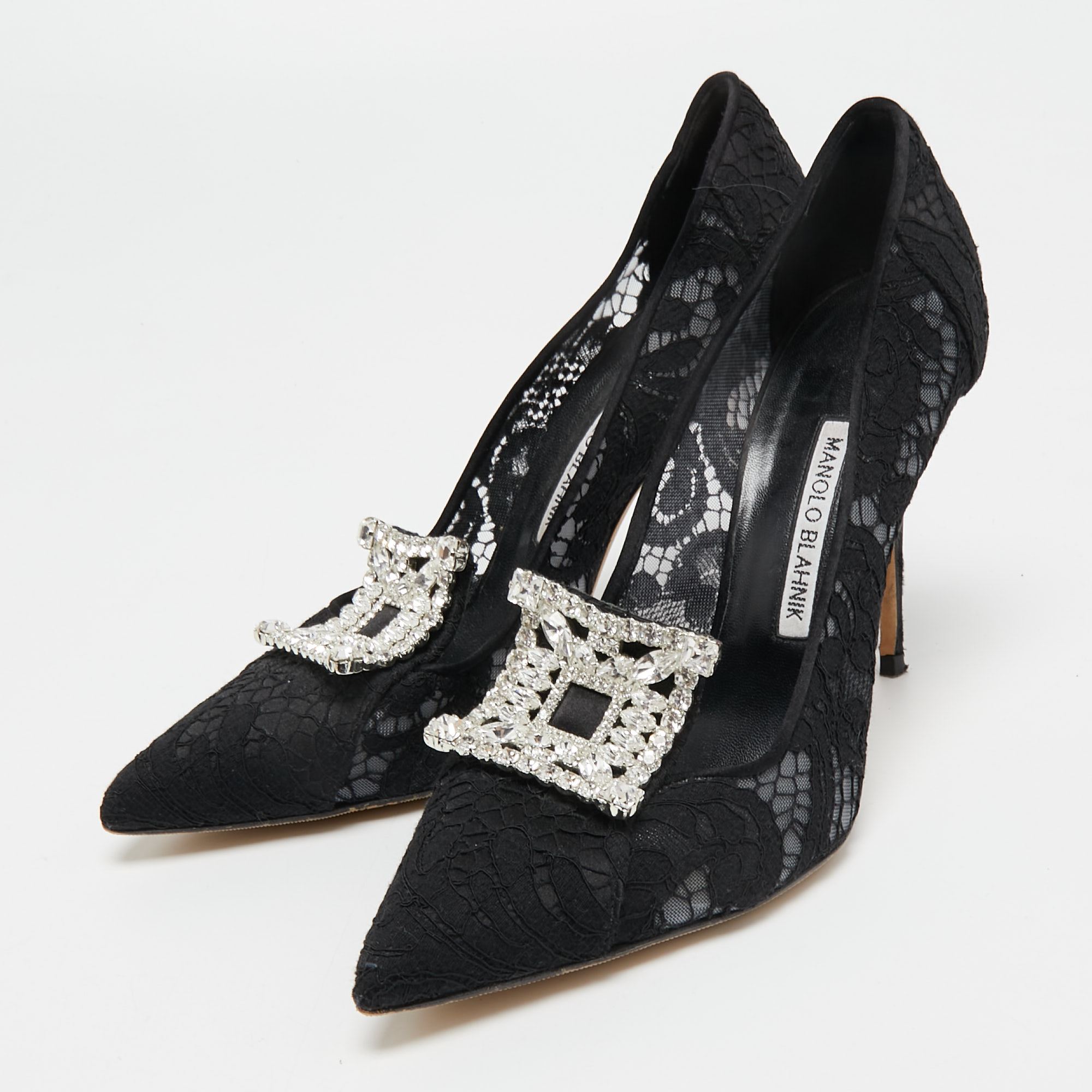 

Manolo Blahnik Black Lace and Satin Borlak Pumps Size