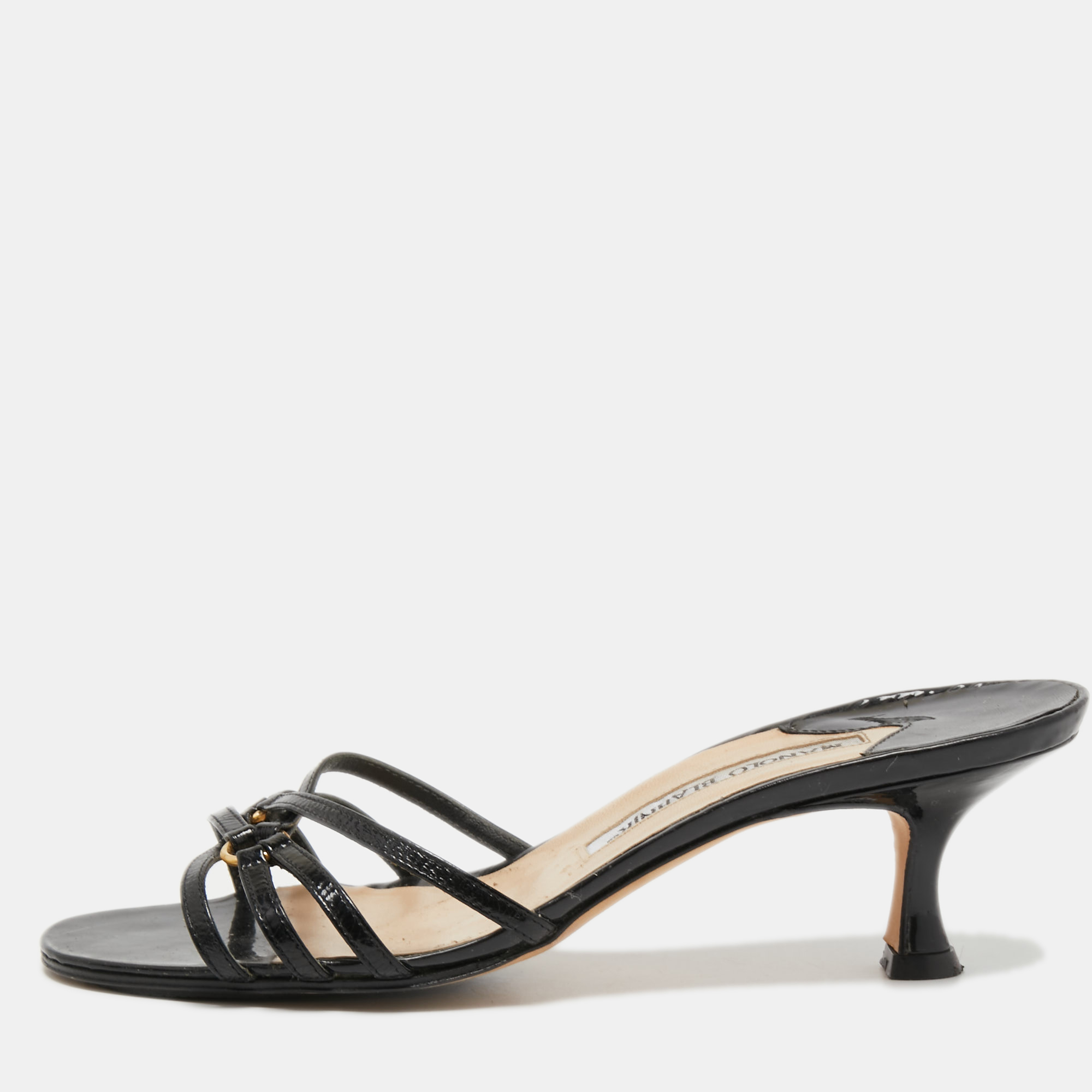 

Manolo Blahnik Black Patent Leather Strappy Slide Sandals Size