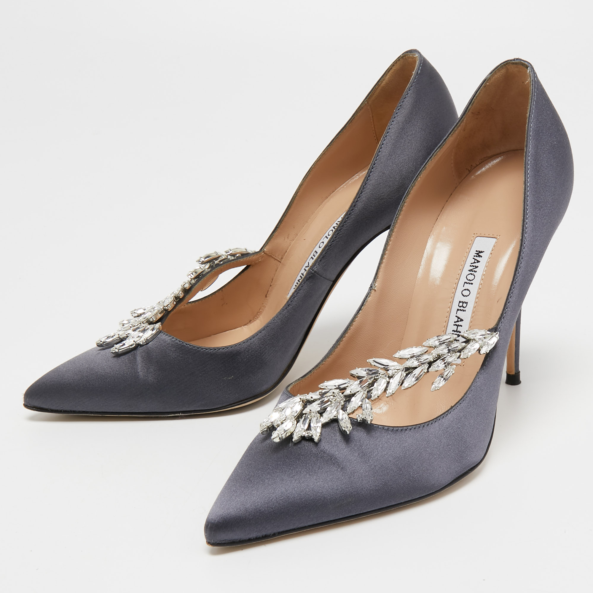 

Manolo Blahnik Grey Satin Nadira Pumps Size