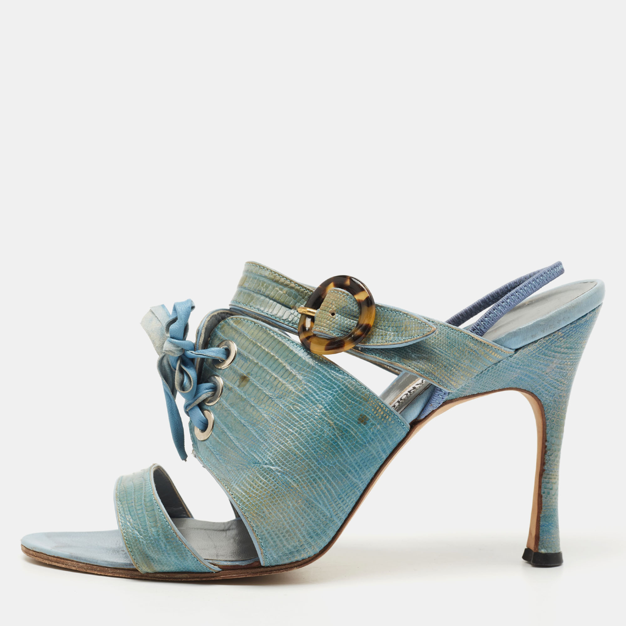 Pre-owned Manolo Blahnik Turquoise Lizard Leather Slingback Sandals Size 40 In Blue
