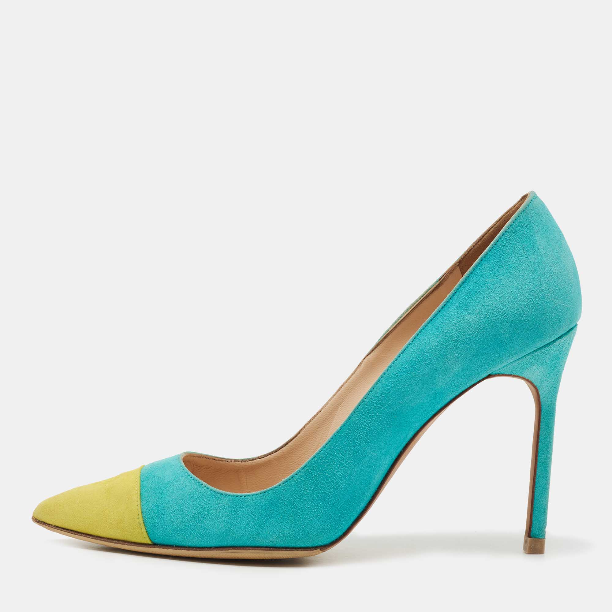 Pre-owned Manolo Blahnik Turquoise/yellow Suede Bipunta Pumps Size 37.5 In Blue