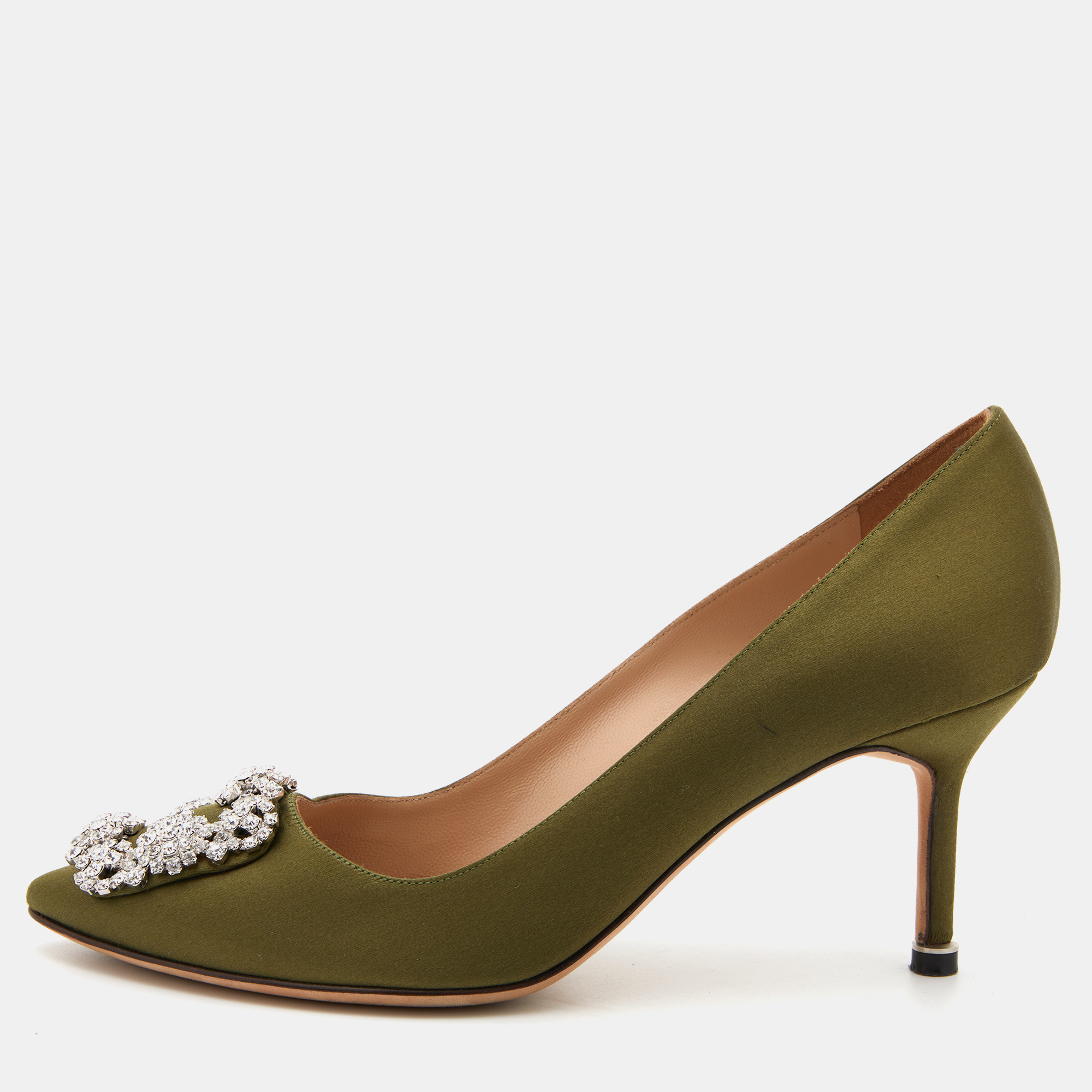 Manolo Blahnik Green Satin Hangisi Crystal Embellished Pumps Size 37.5