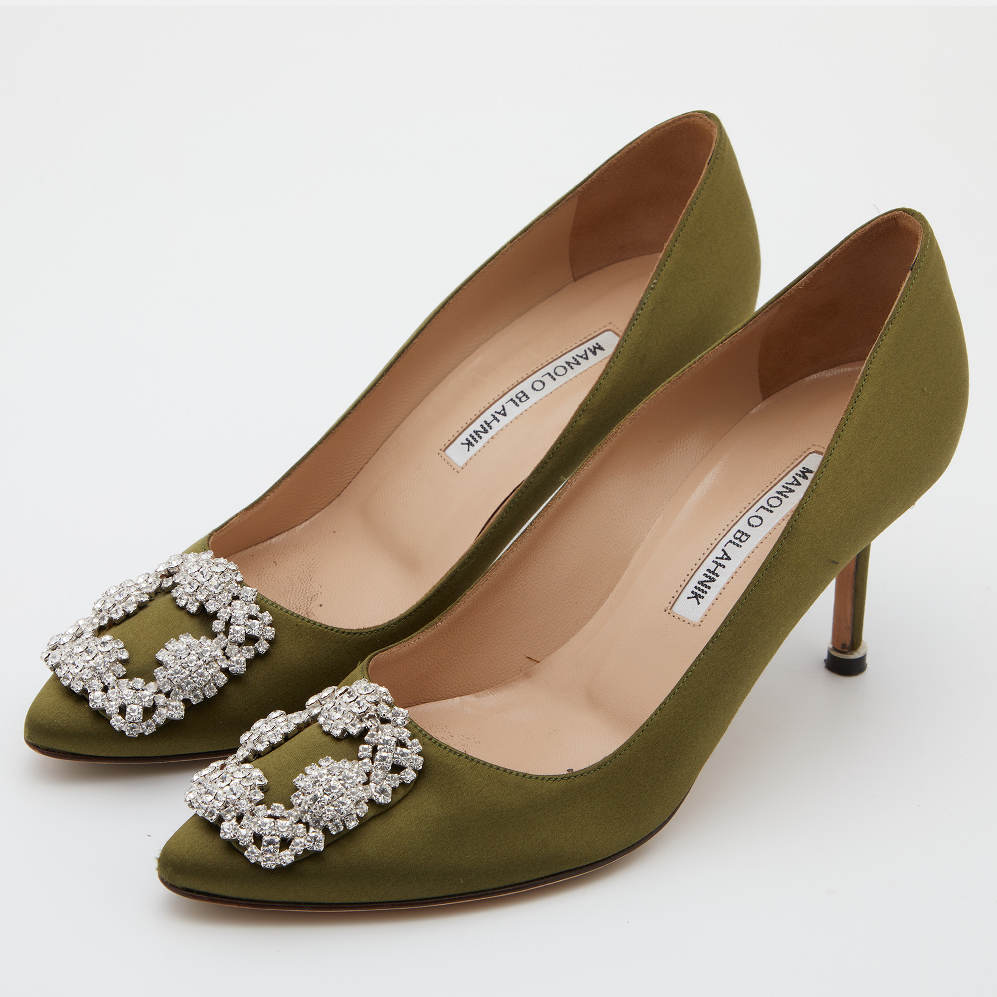 

Manolo Blahnik Green Satin Hangisi Crystal Embellished Pumps Size