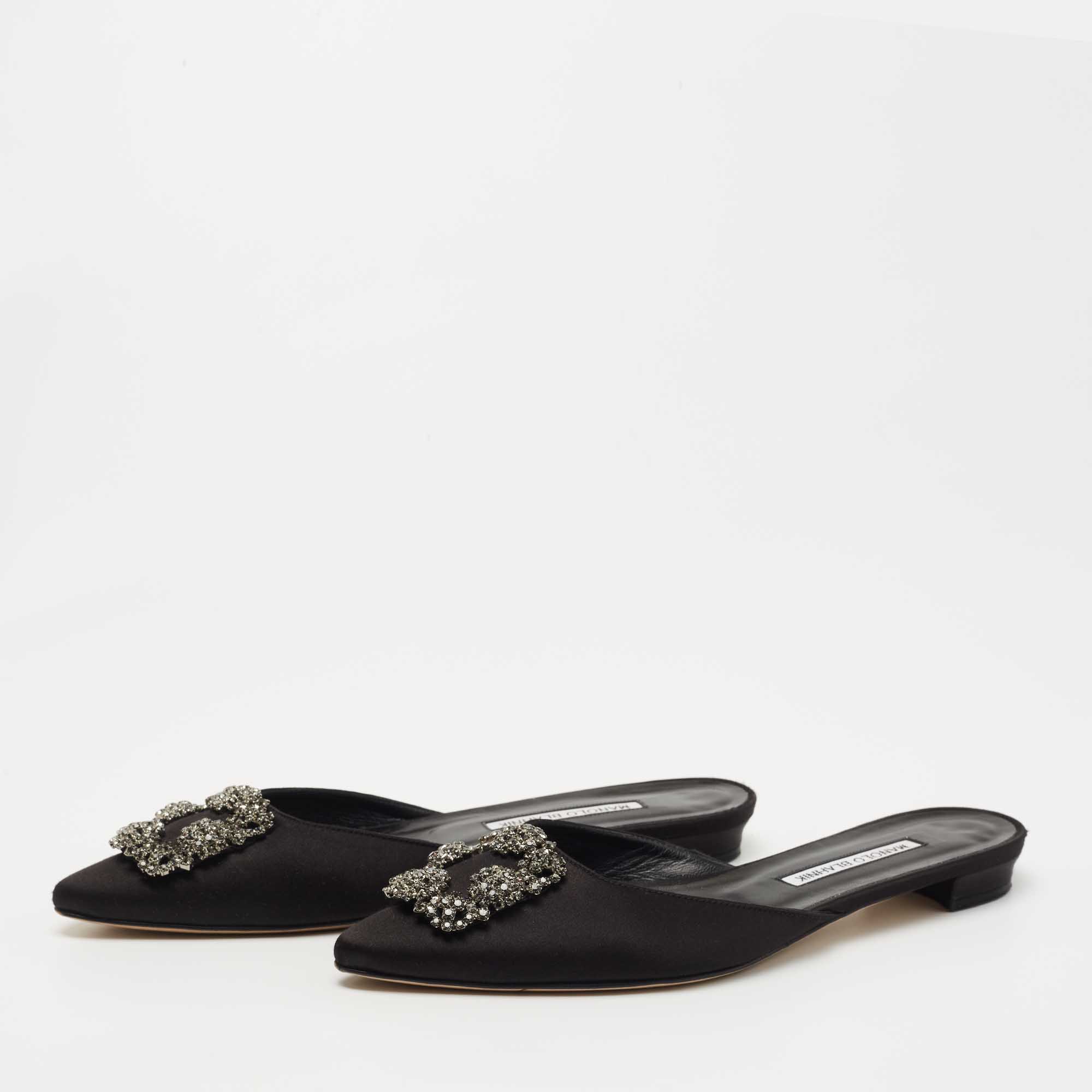 

Manolo Blahnik Black Satin Hangisi Mules Size