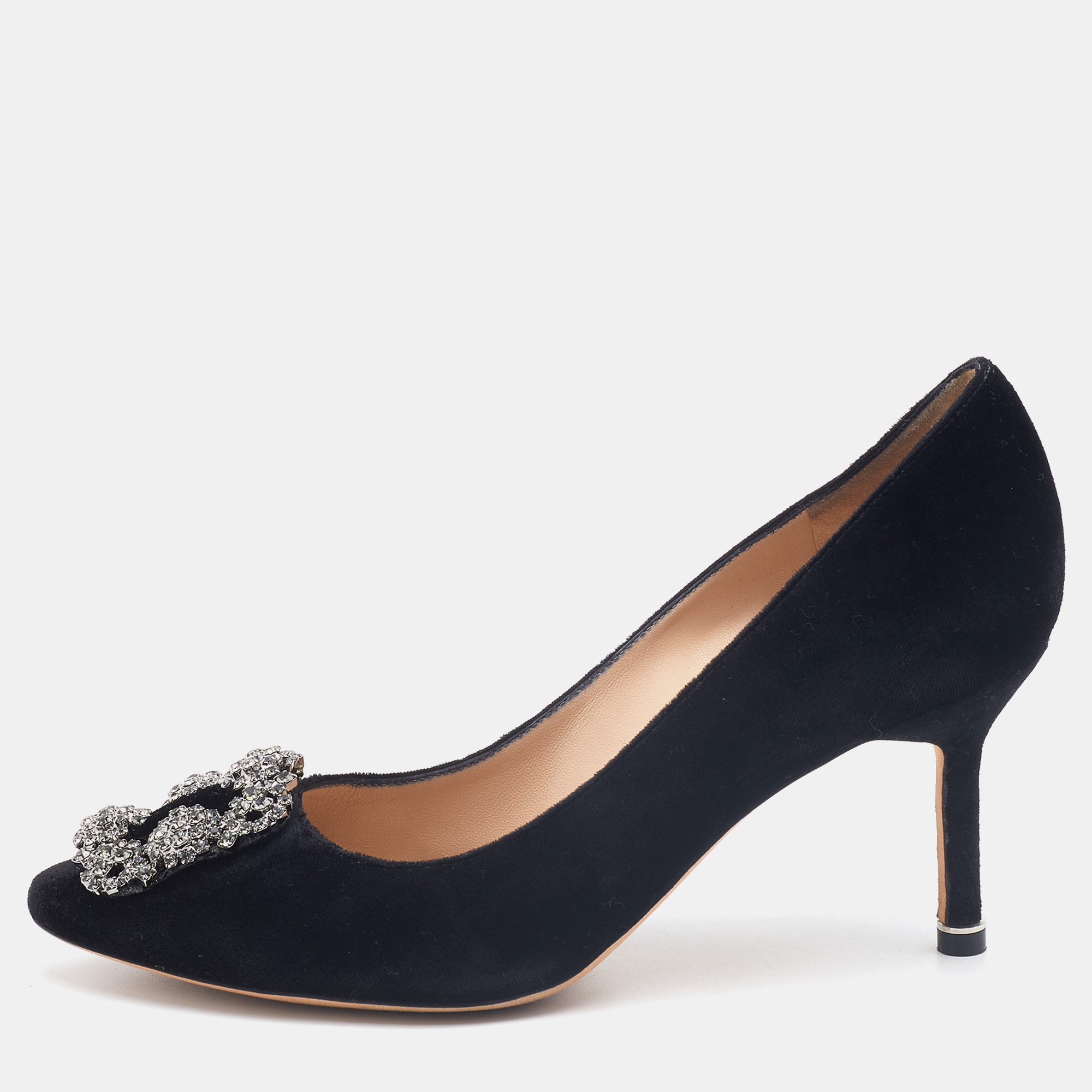 Pre-owned Manolo Blahnik Black Velvet Hangisi Crystal Embellished Pumps Size 36