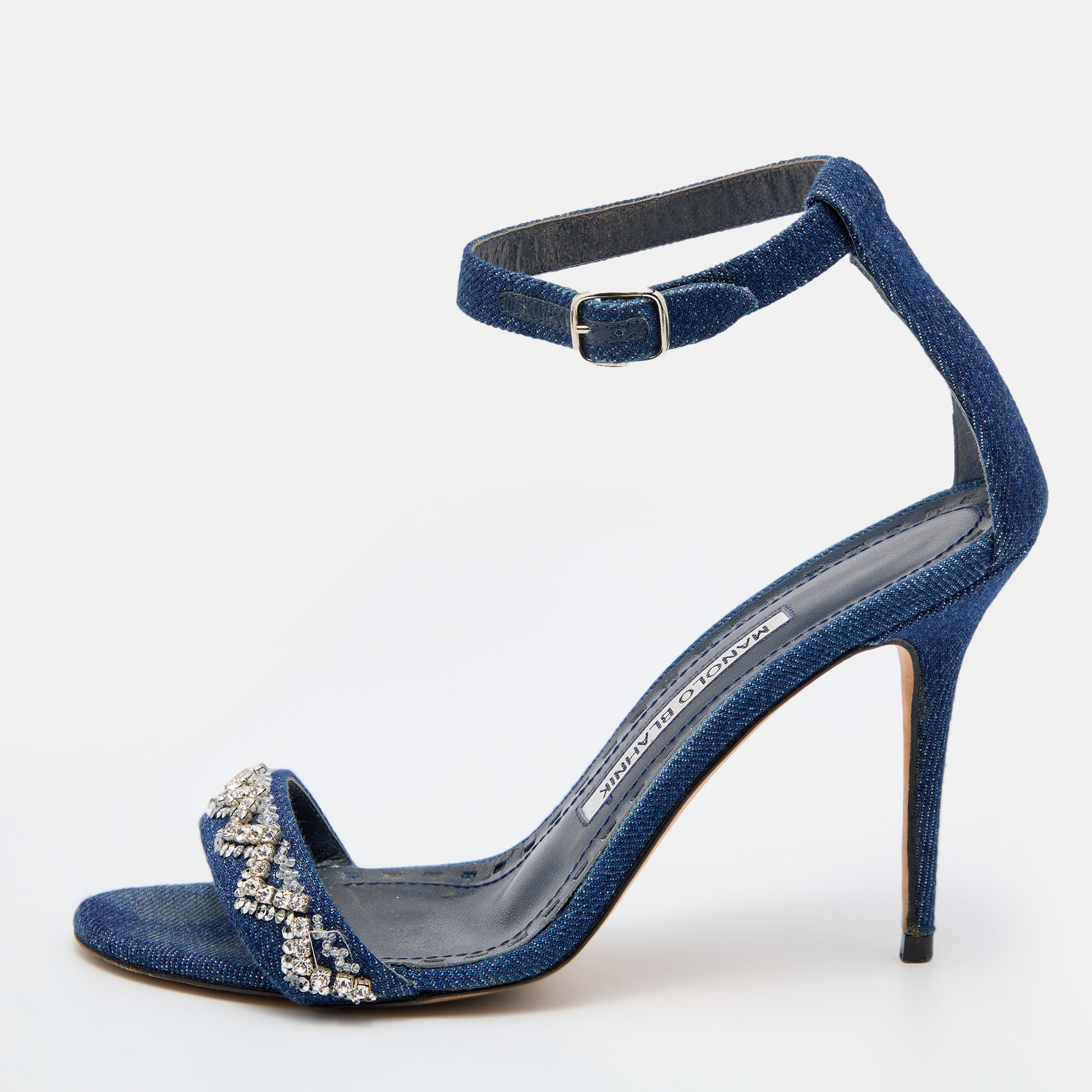 Pre-owned Manolo Blahnik Blue Denim Crystal Embellished Ankle Strap Sandals Size 36.5