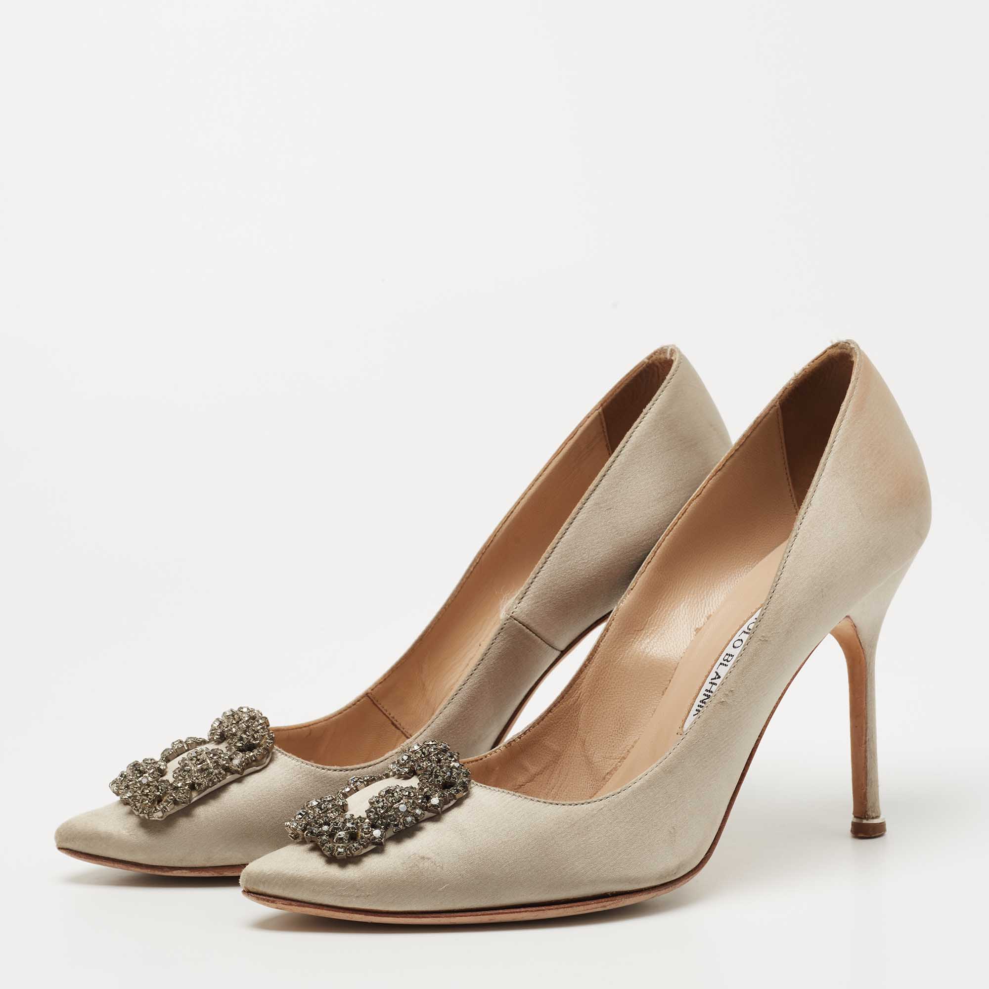

Manolo Blahnik Grey Satin Hangisi Pumps Size