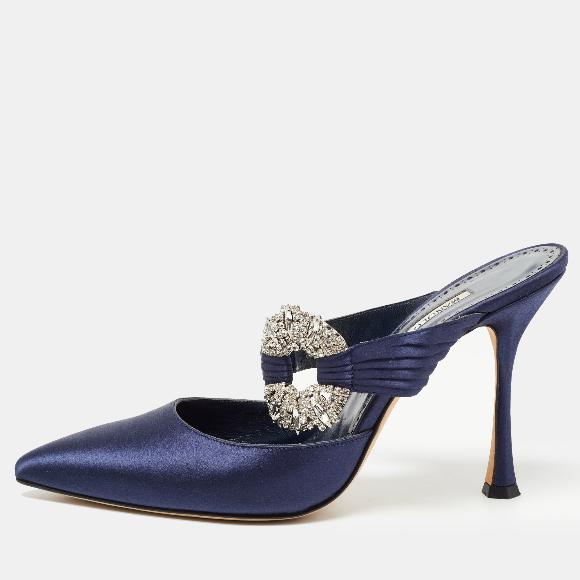 Pre-owned Manolo Blahnik Navy Blue Satin Crystal Embellished Pointed Toe Mules Size 39