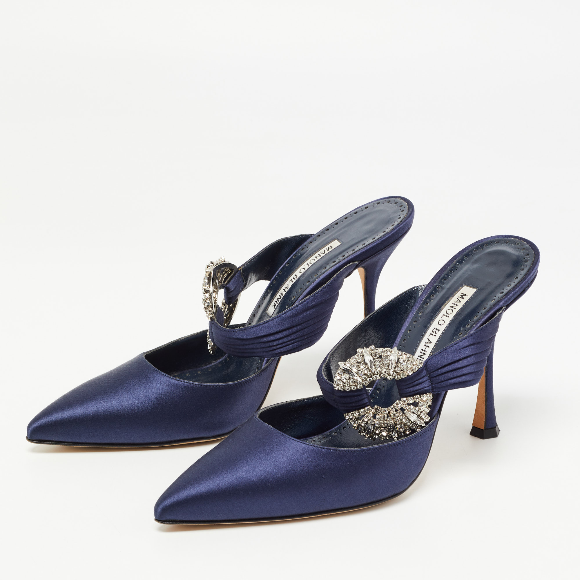 

Manolo Blahnik Navy Blue Satin Crystal Embellished Pointed Toe Mules Size