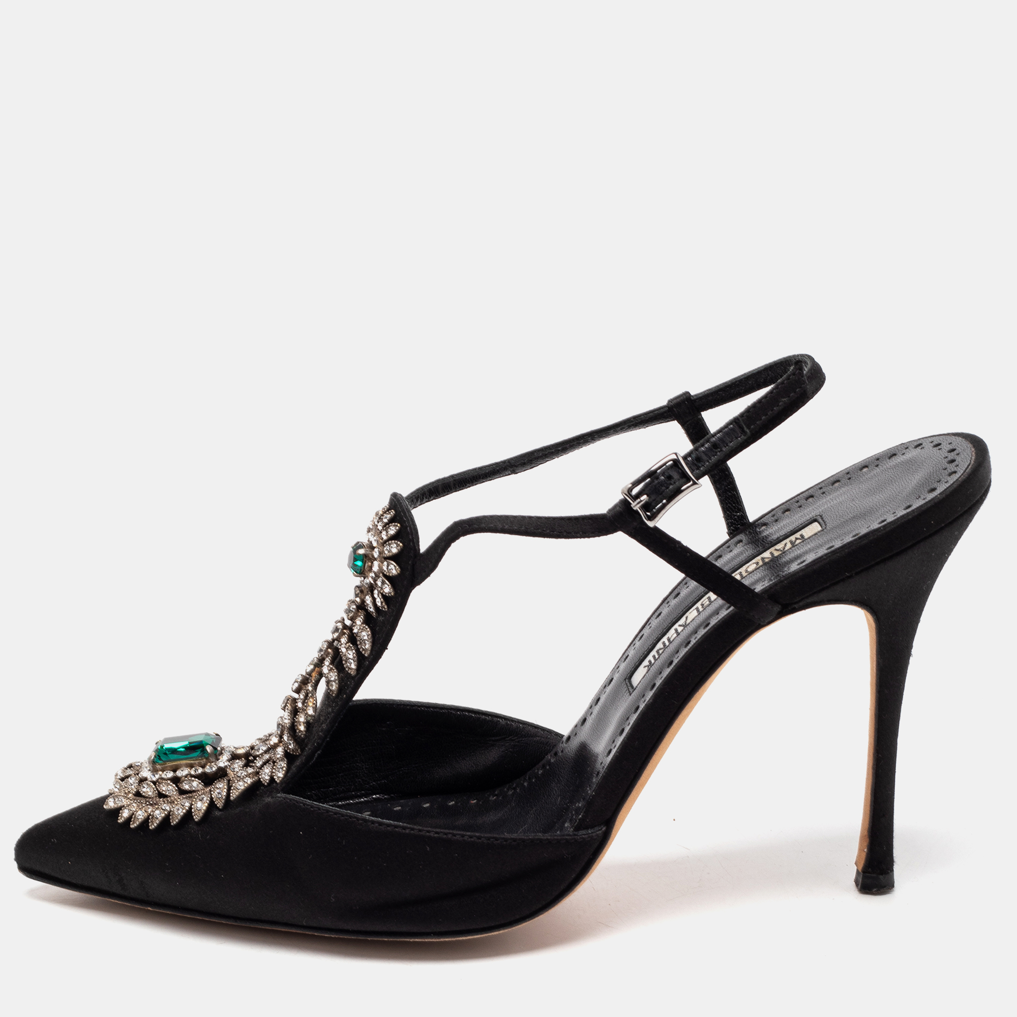 Pre-owned Manolo Blahnik Black Satin Jamala Crystal Embellished Ankle Strap Sandals Size 39
