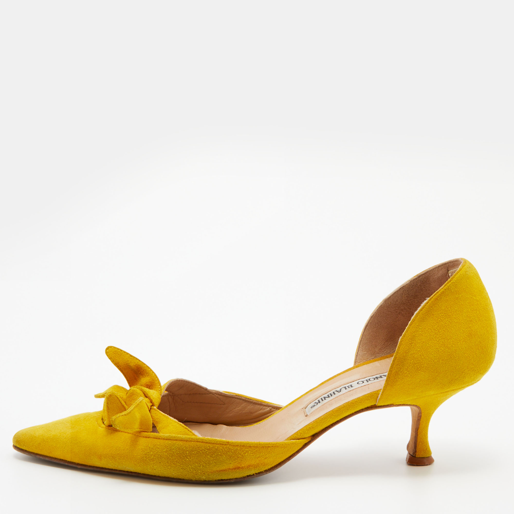 Pre-owned Manolo Blahnik Suede Pointed Toe Knot Vintage D'orsay Pumps Size 38 In Yellow