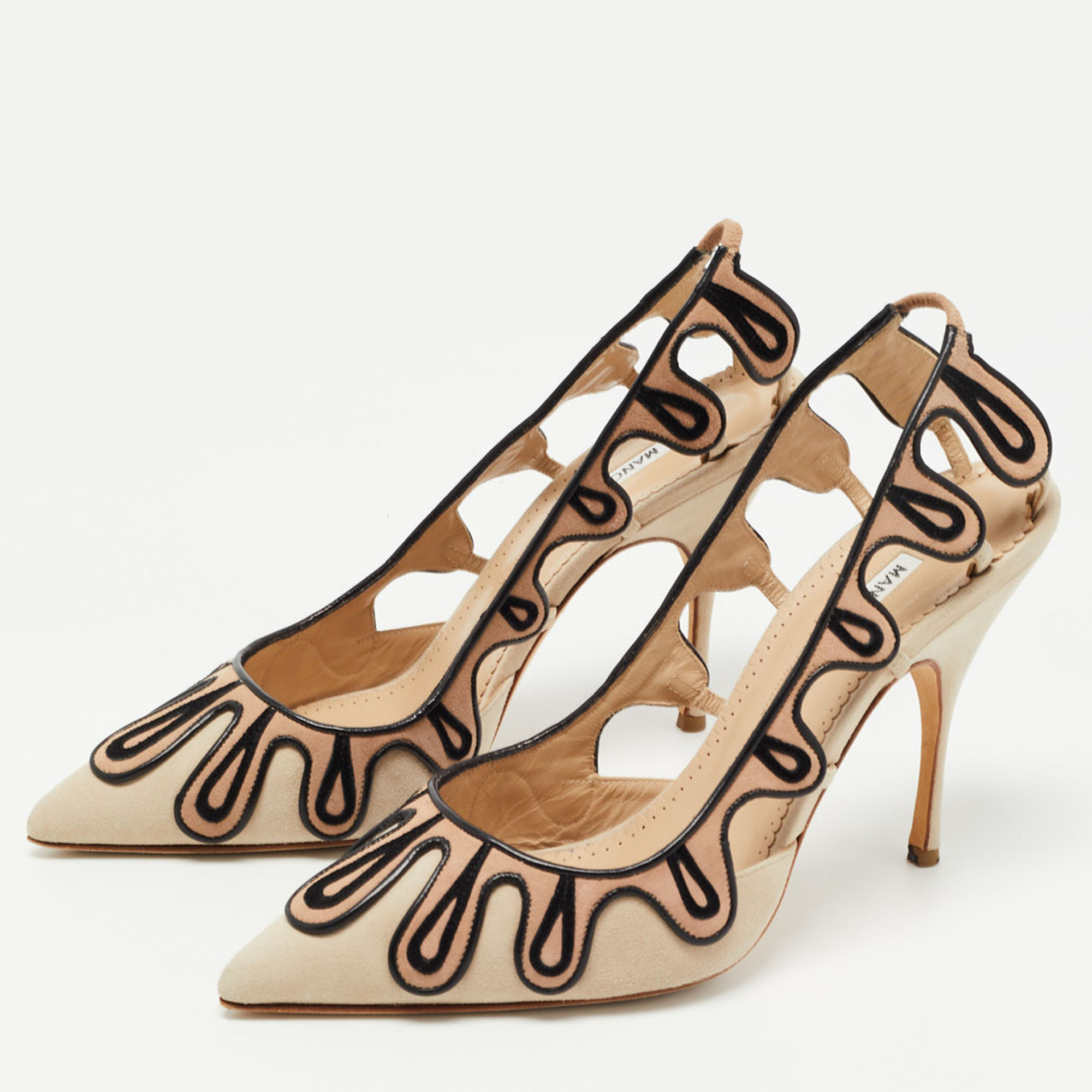 

Manolo Blahnik Tricolor Suede Cut Out Pumps Size, Beige