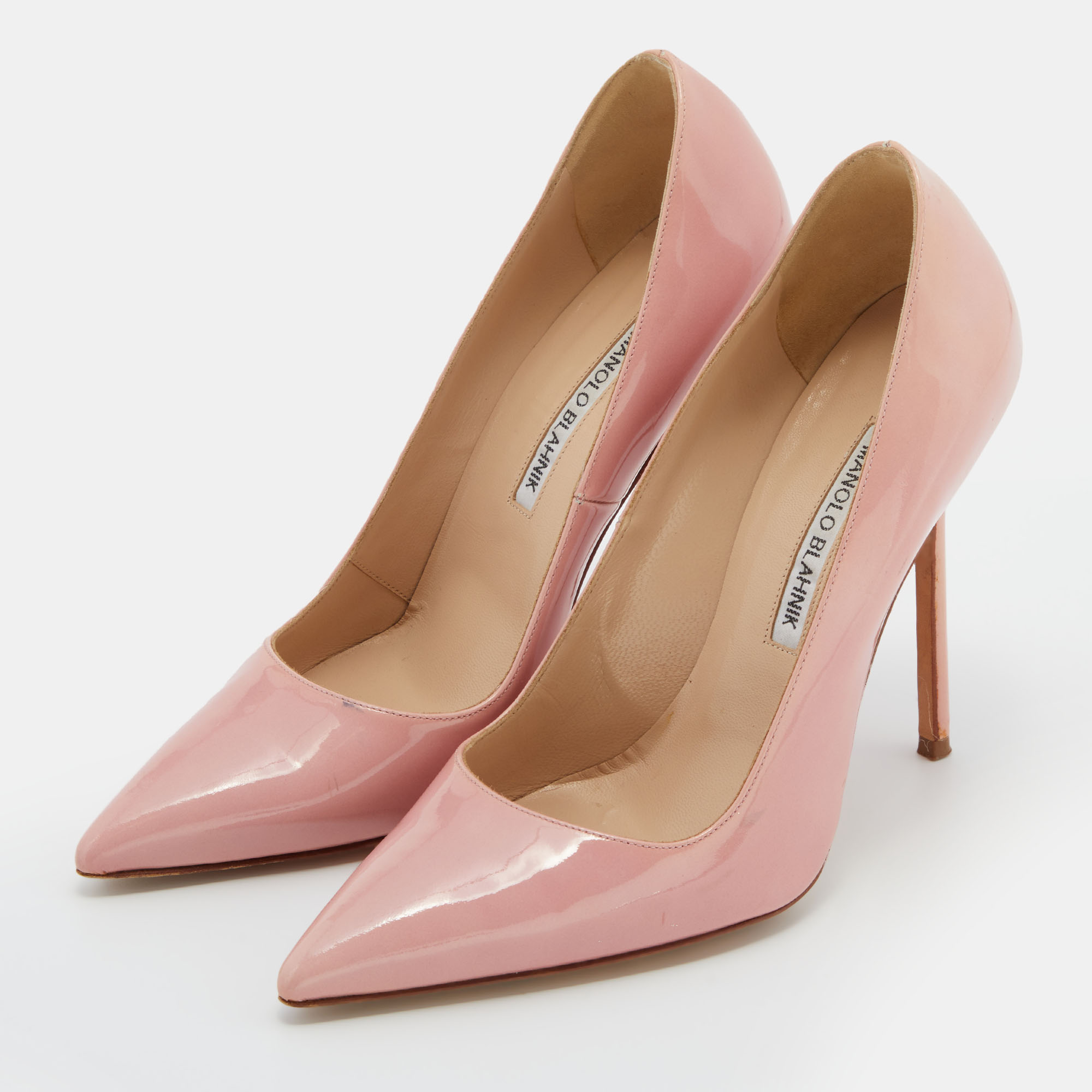 

Manolo Blahnik Pink Patent Leather BB Pointed Toe Pumps Size