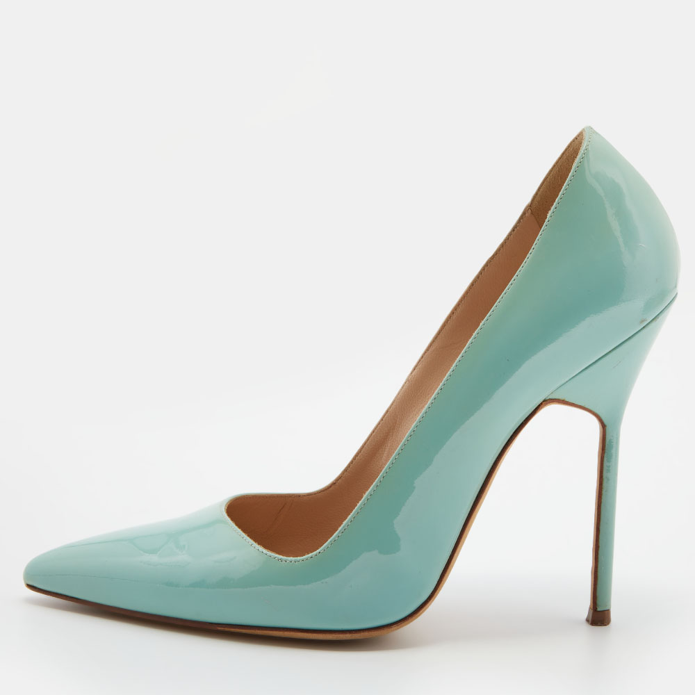 Pre-owned Manolo Blahnik Mint Green Patent Leather Bb Pointed Toe Pumps Size 37