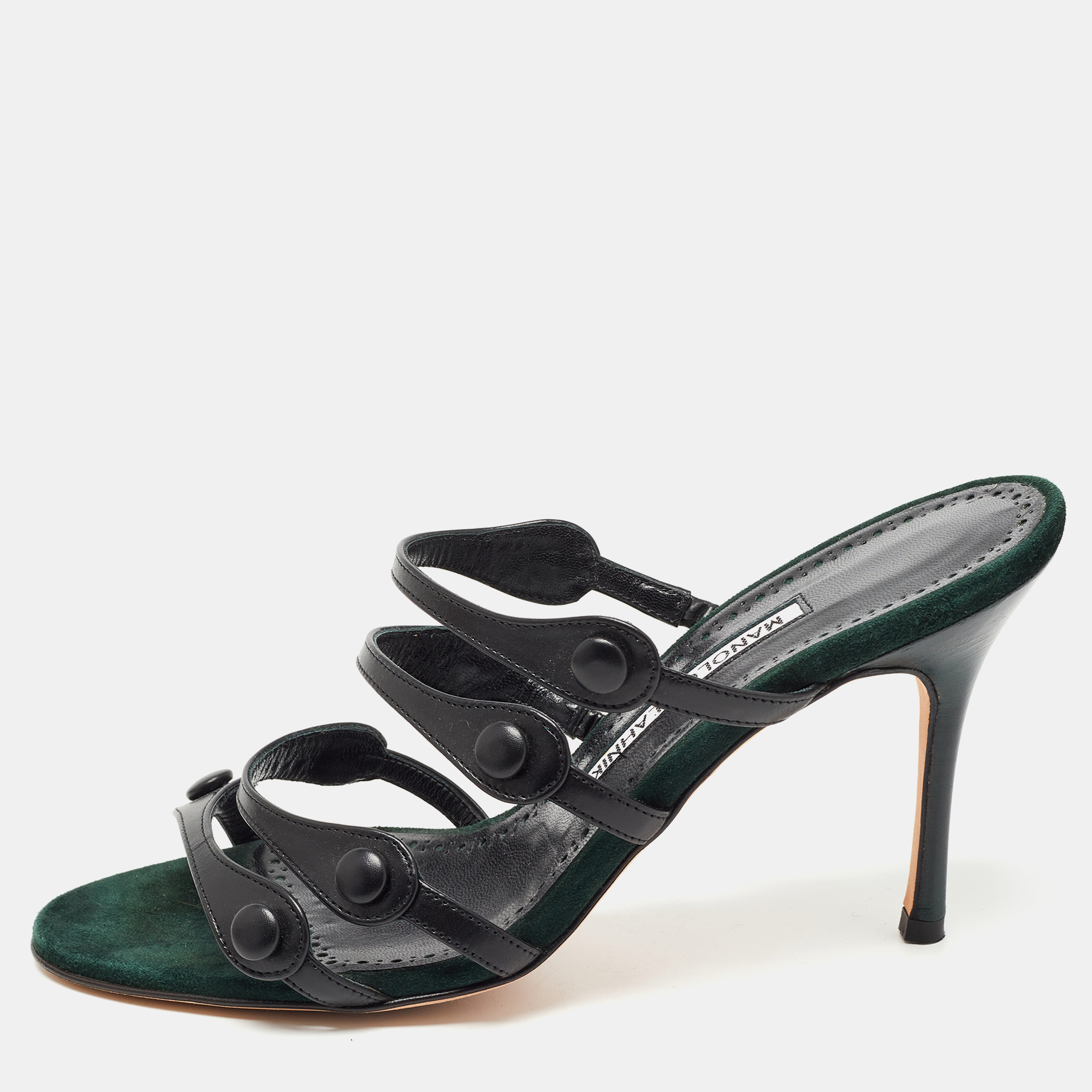 Pre-owned Manolo Blahnik Black Leather Strappy Slides Size 38