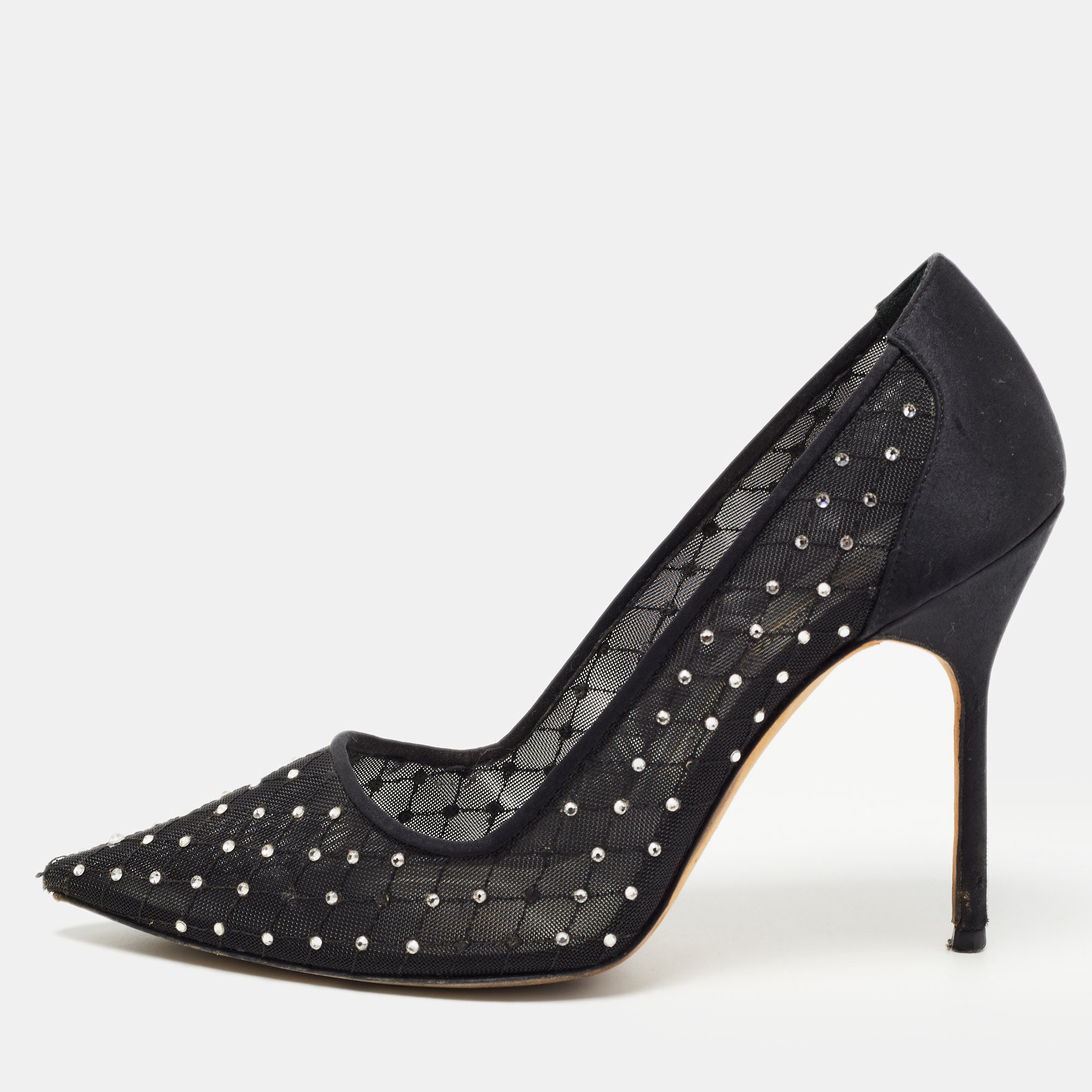 Pre-owned Manolo Blahnik Black Crystal Embellished Mesh And Satin Pointed Toe Pumps Size 37