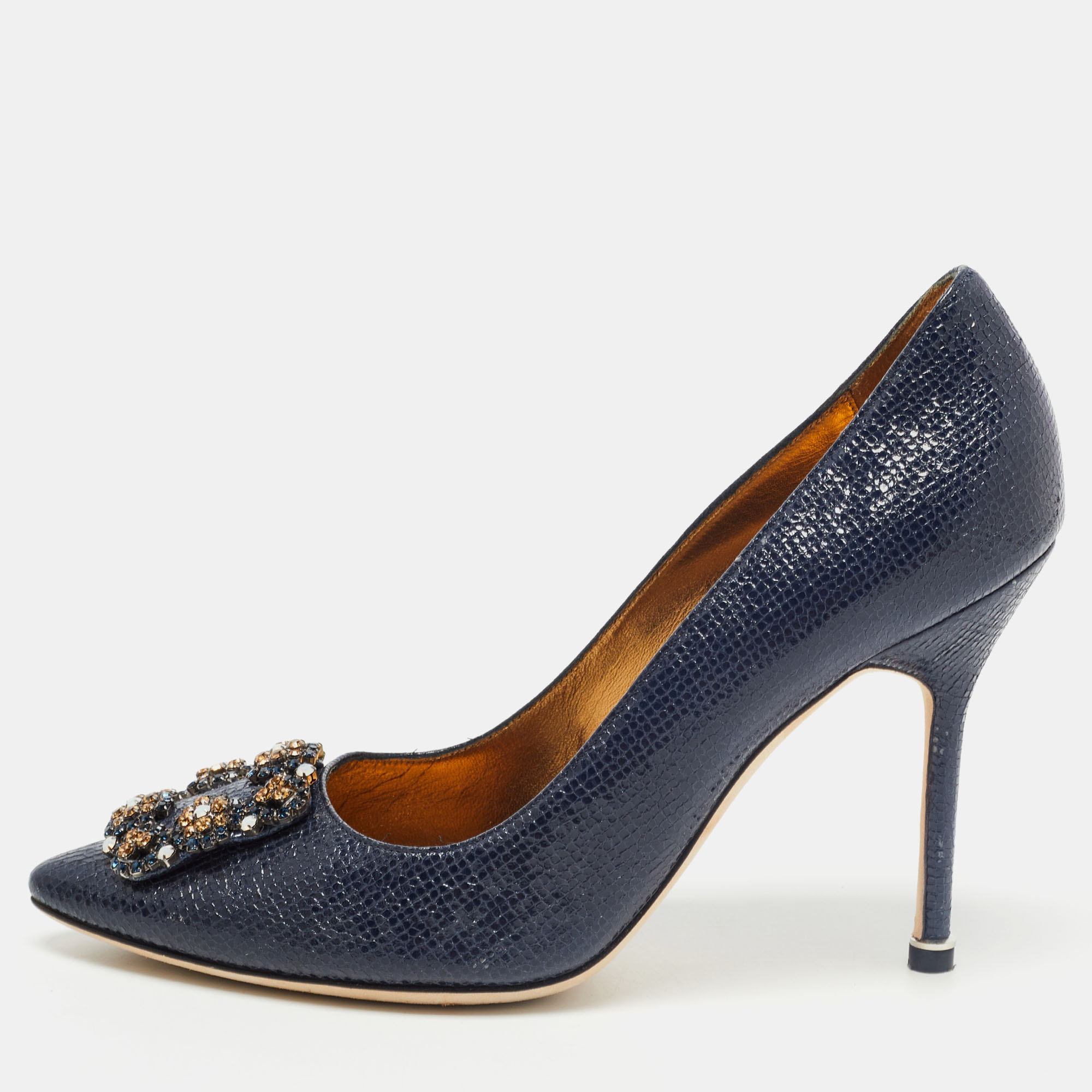Pre-owned Manolo Blahnik Blue Texture Patent Leather Hangisi Crystal Embellished Pumps Size 38.5
