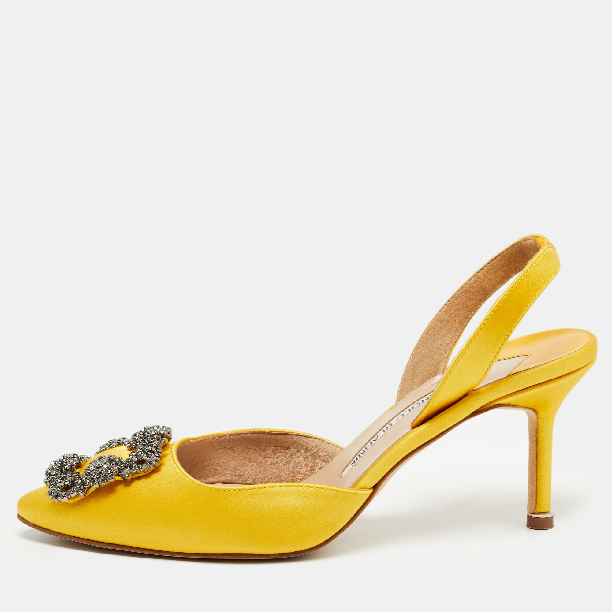 Pre-owned Manolo Blahnik Yellow Satin Hangisi Slingback Pumps Size 37.5