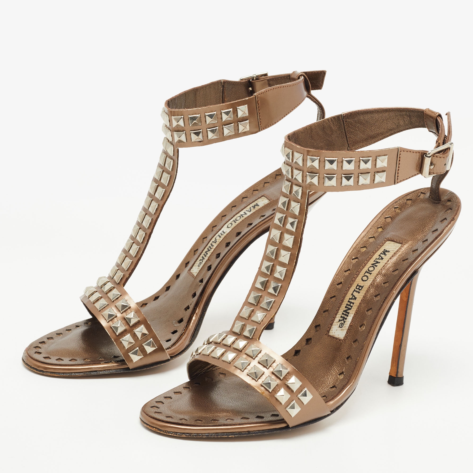 

Manolo Blahnik Metallic Brown Leather Studded T Strap Sandals Size