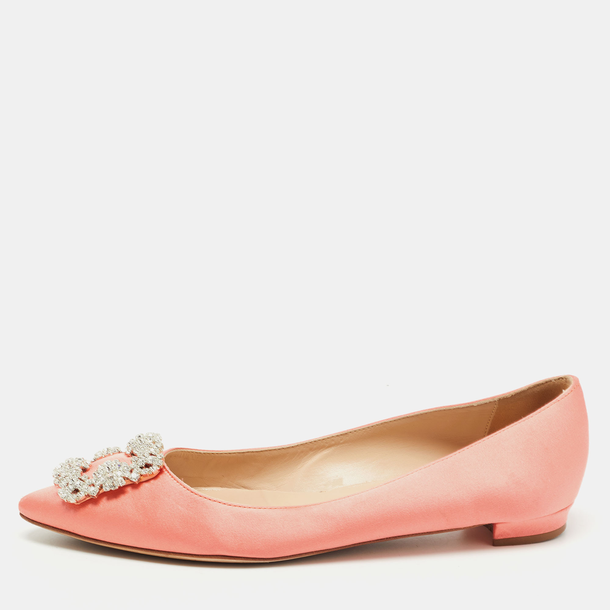 Pre-owned Manolo Blahnik Peach Pink Satin Hangisi Ballet Flats Size 38.5