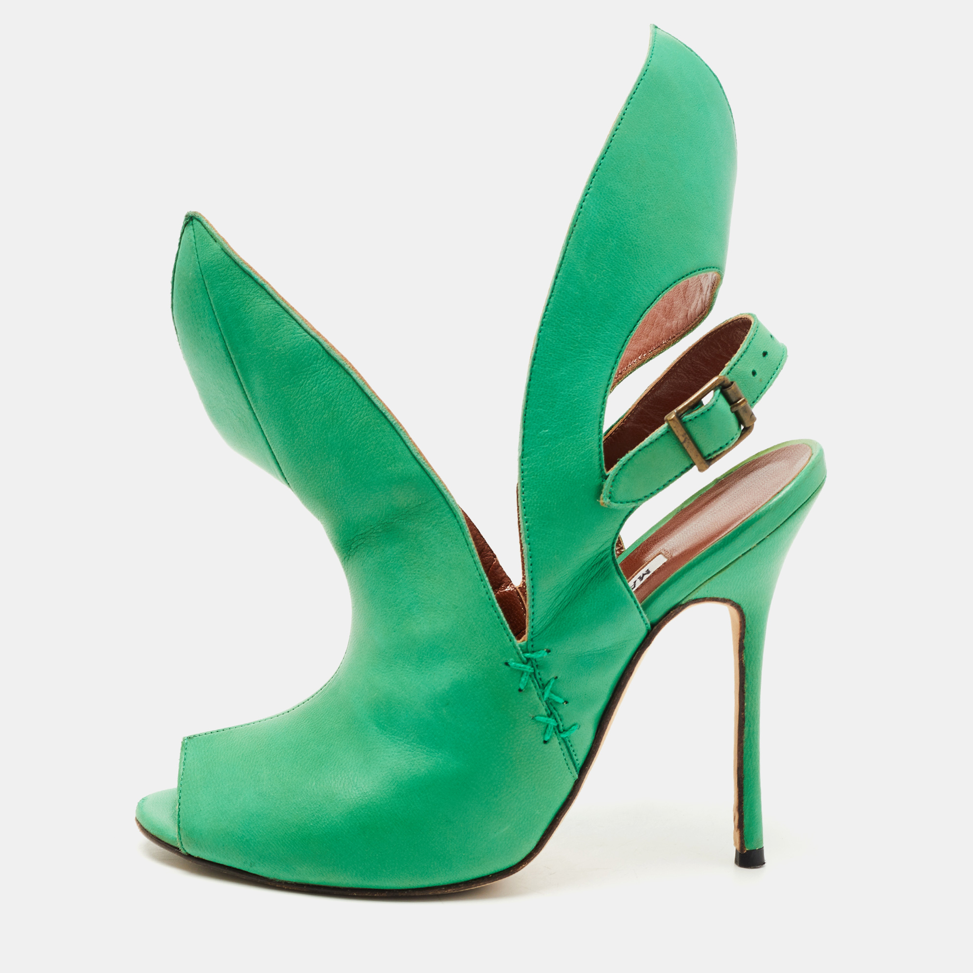Pre-owned Manolo Blahnik Green Leather Ankle Strap Sandals Size 36.5