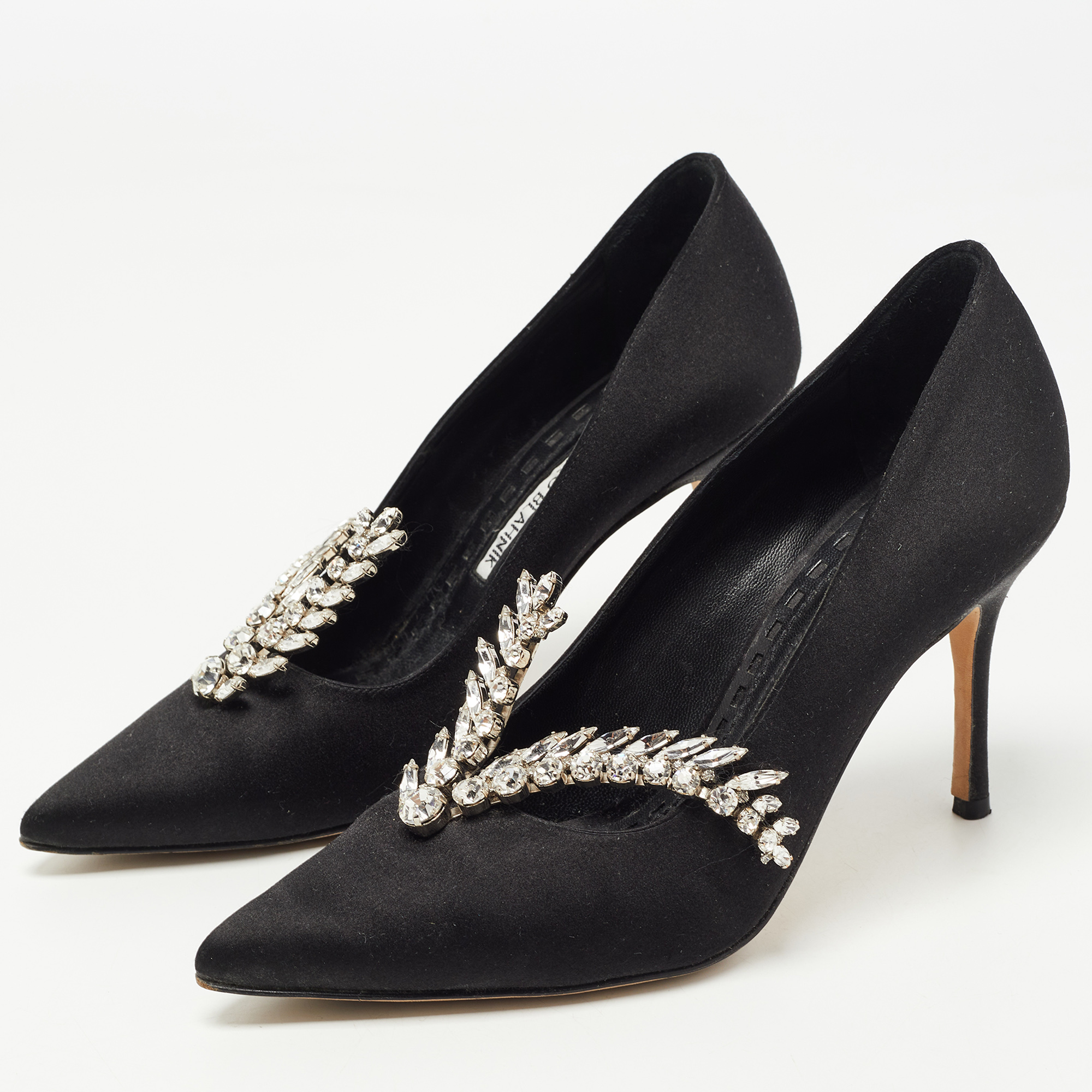 

Manolo Blahnik Black Satin Nadira Pumps Size