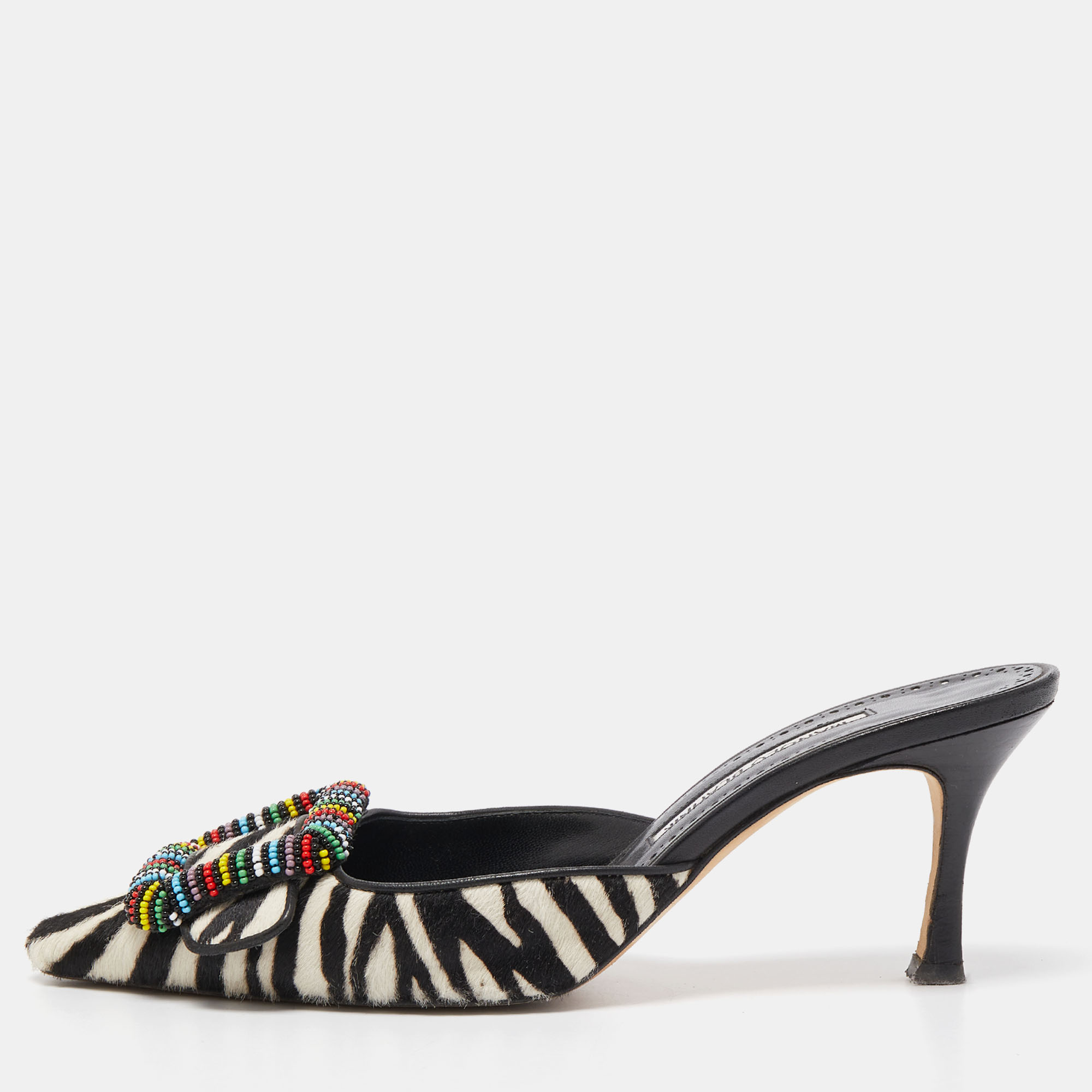 Pre Owned Manolo Blahnik Black/White Zebra Print Calf Hair Beaded Mafrisa Mules Size 37.5