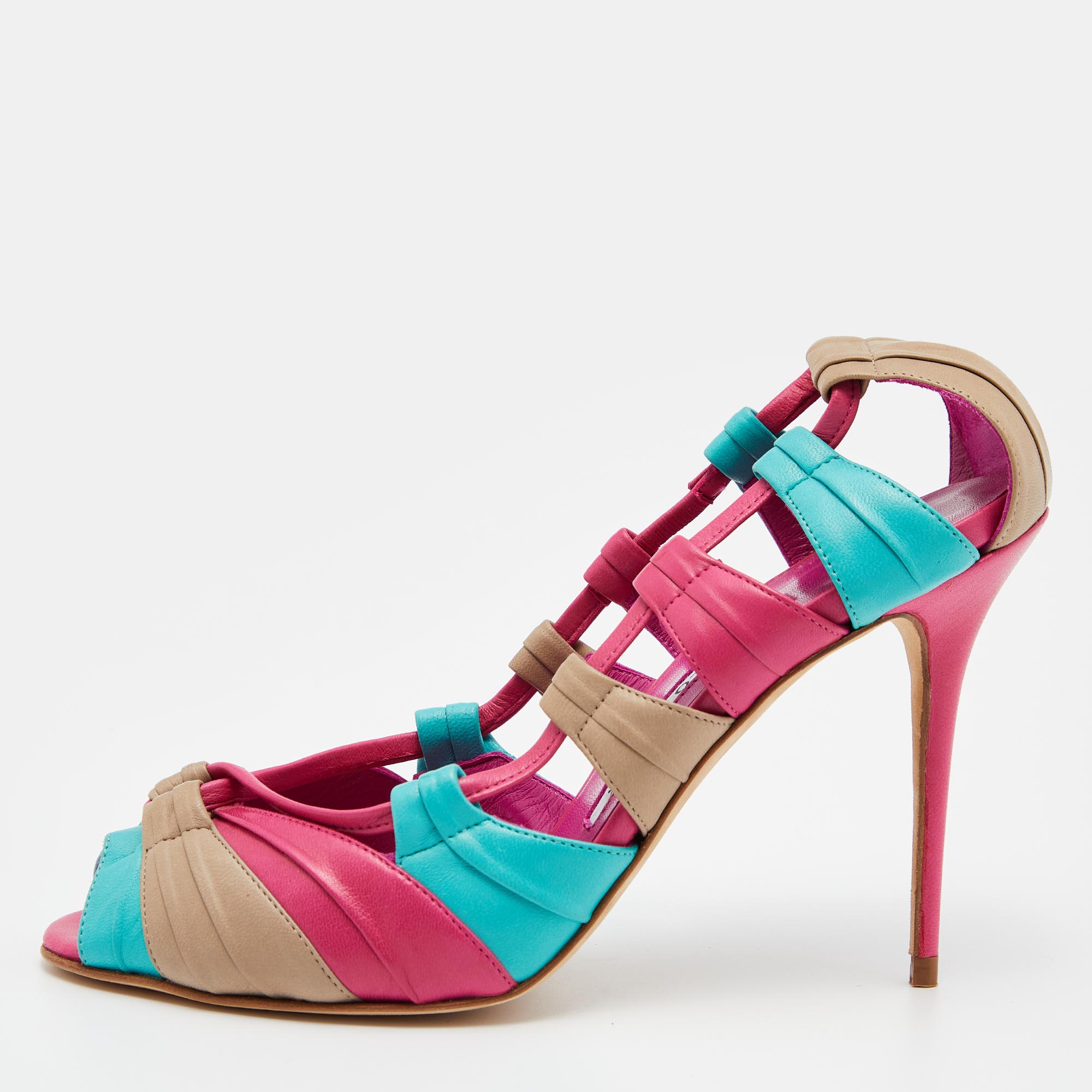 

Manolo Blahnik Tri Color Leather Natuk Peep Toe Sandals Size, Multicolor