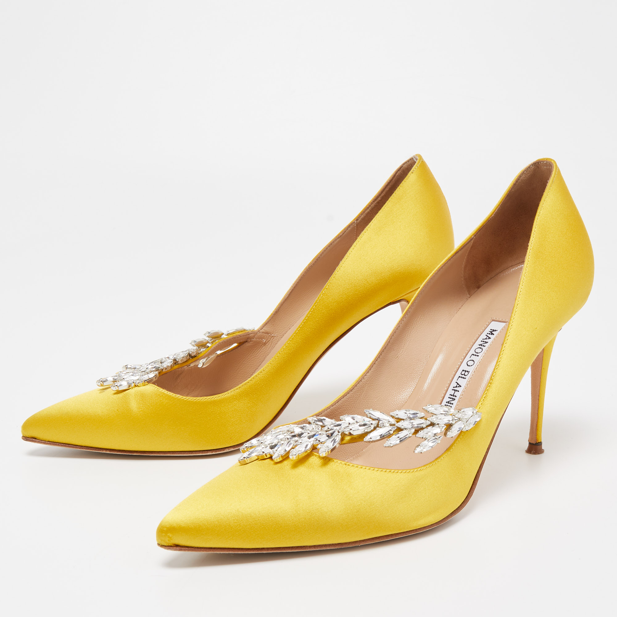 

Manolo Blahnik Yellow Satin Nadira Pumps Size