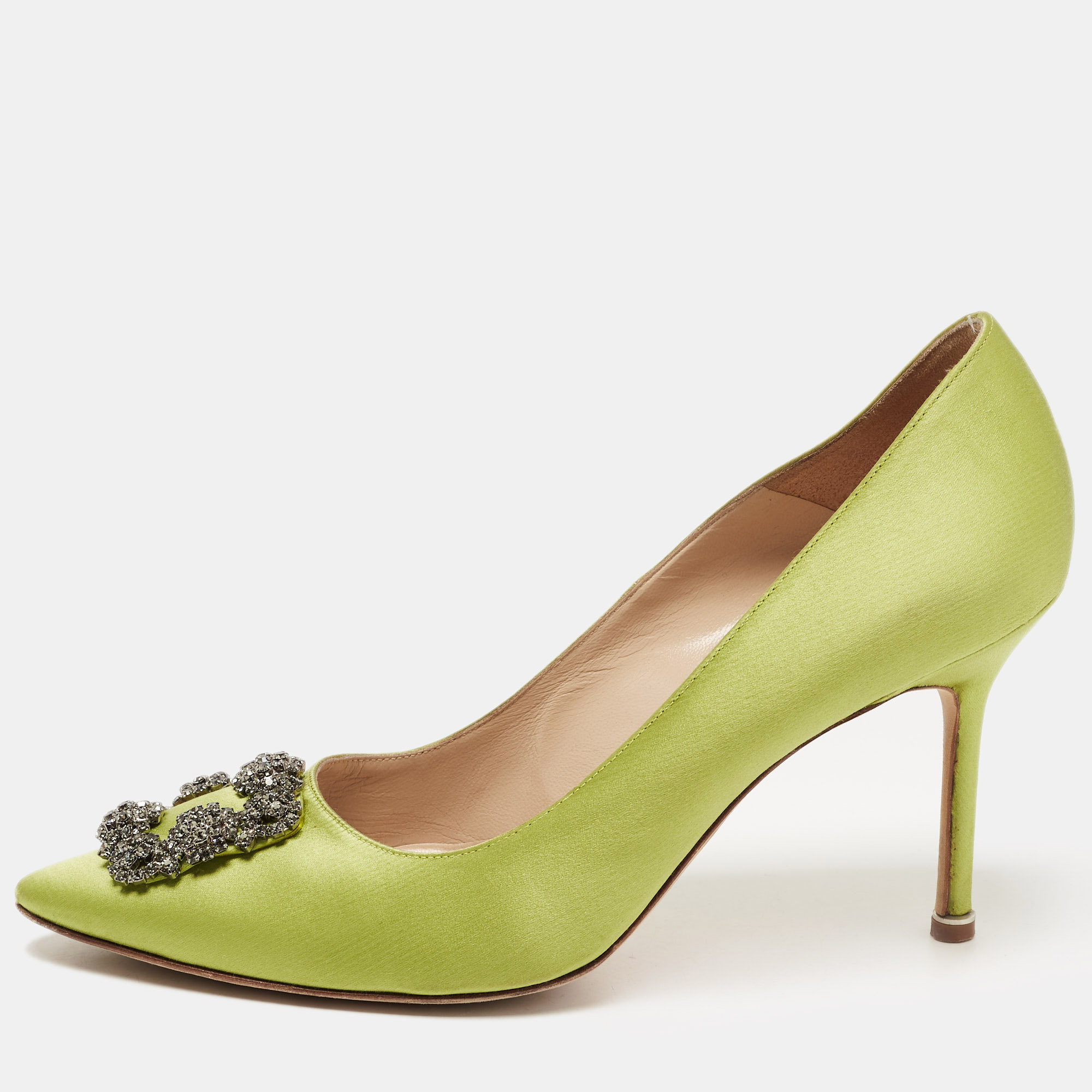 Click to view more detailed imagery on our partner's website Pre-owned Manolo Blahnik Green Satin Hangisi Pumps Size 41
