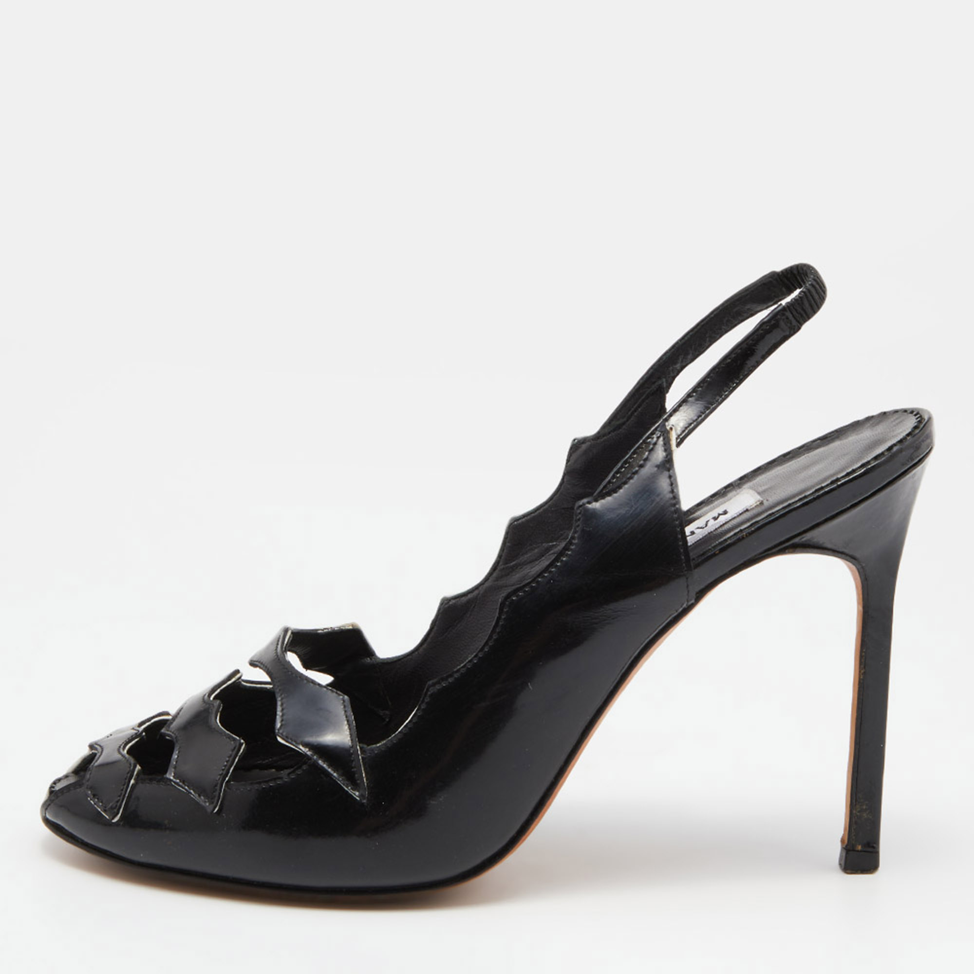 

Manolo Blahnik Black Patent Leather Cut Out Slingback Sandals Size