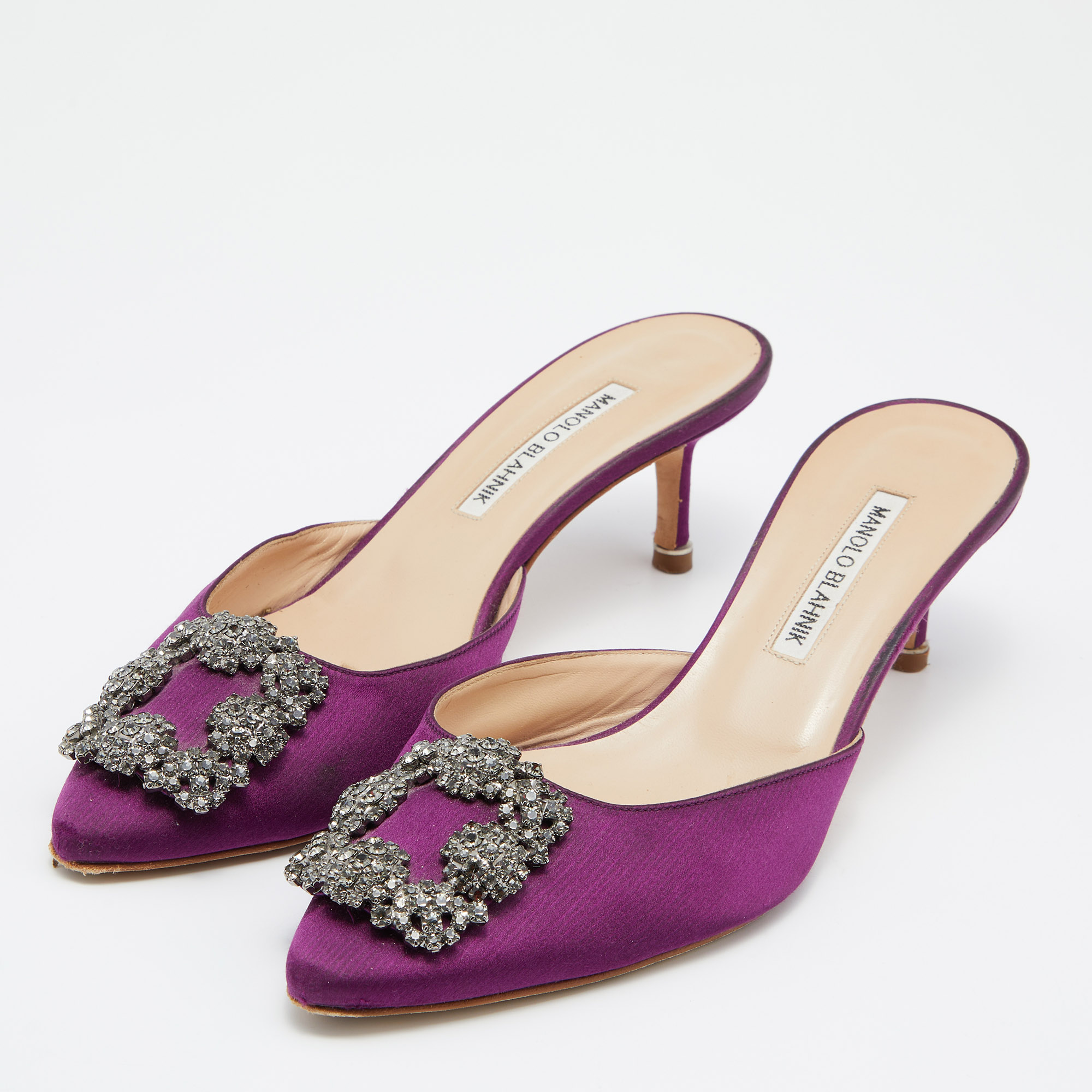 

Manolo Blahnik Purple Satin Hangisimu Slide Sandals Size