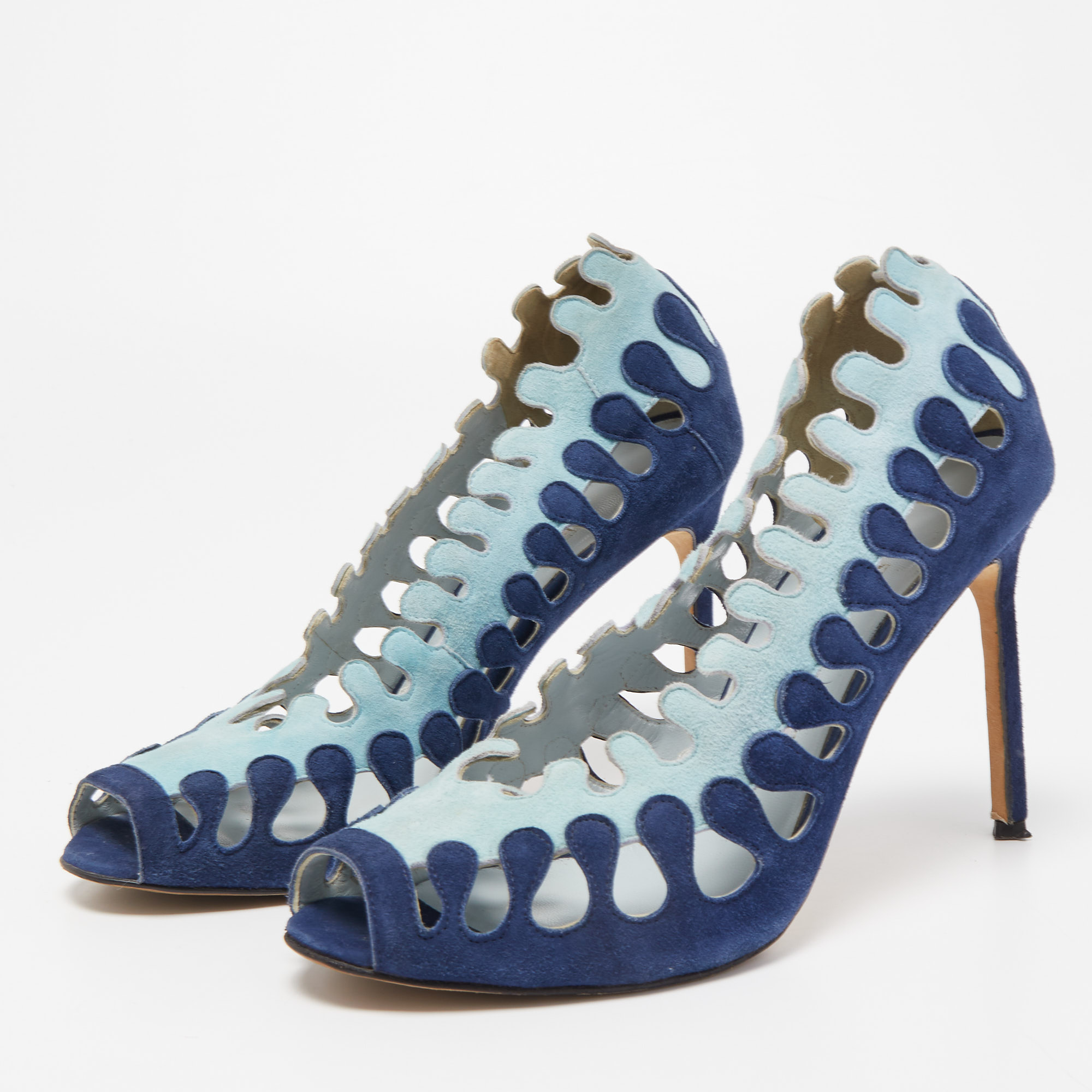 

Manolo Blahnik Blue Suede Cut Out Peep Toe Pumps Size