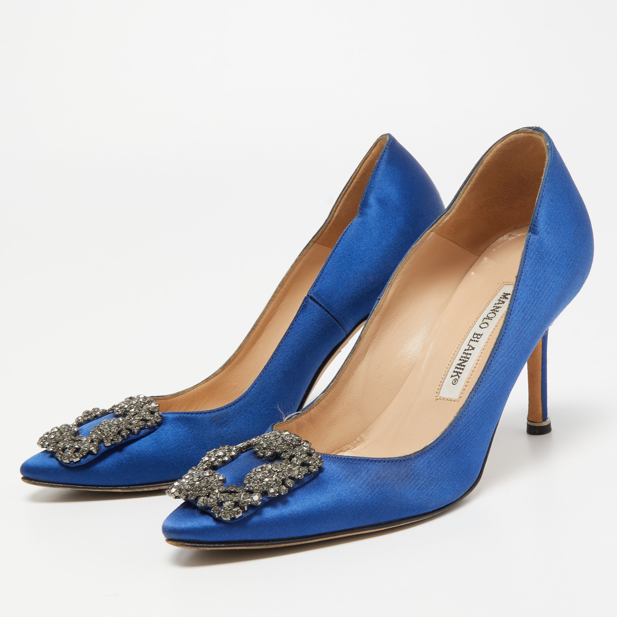 

Manolo Blahnik Blue Satin Hangisi Crystal Embellished Pumps Size