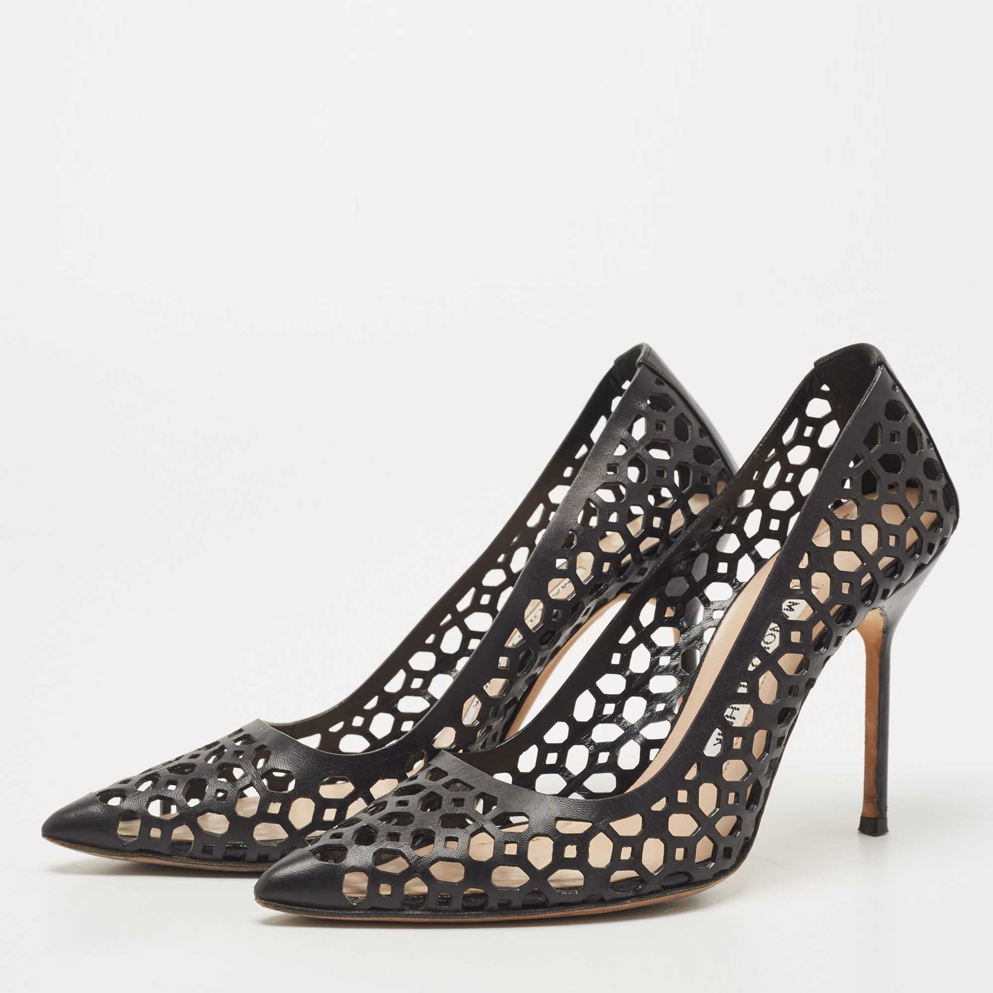 

Manolo Blahnik Black Laser Cut Leather BB Laserato Pumps Size