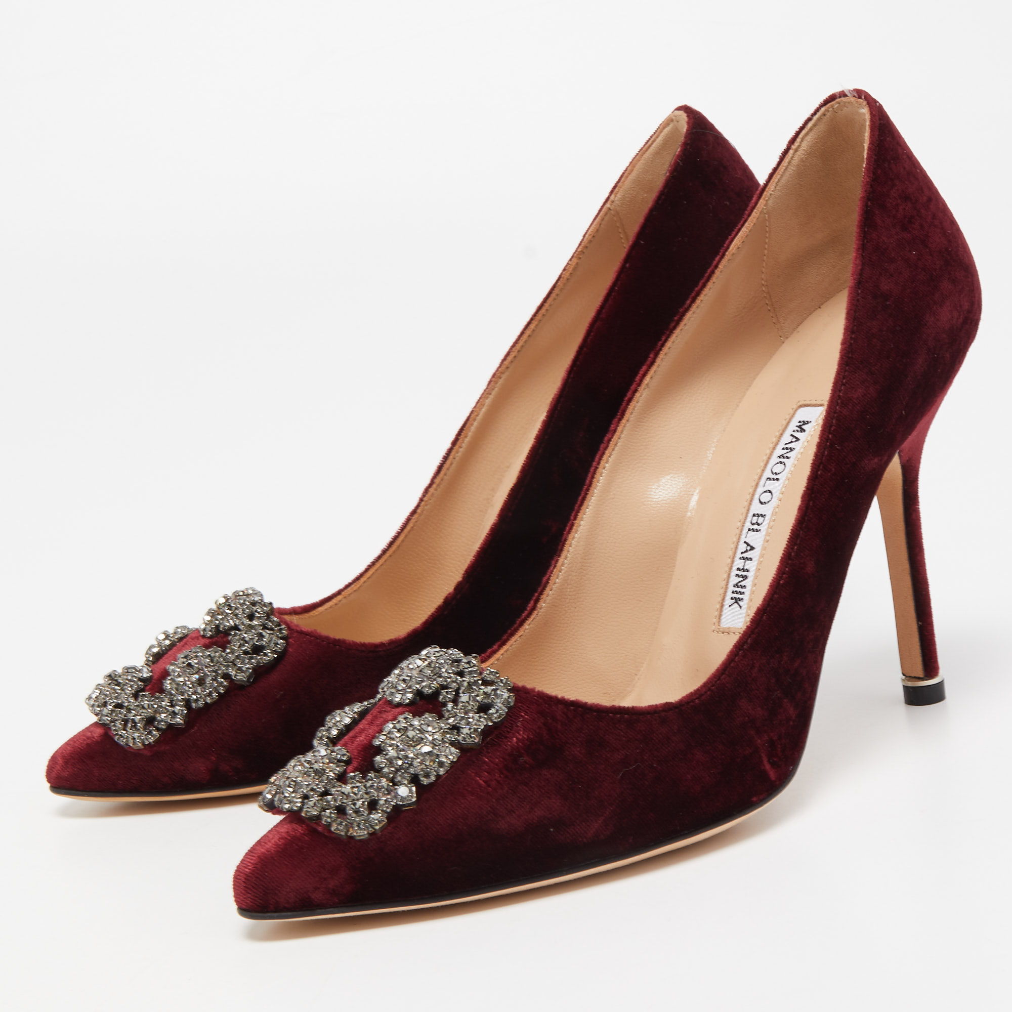 

Manolo Blahnik Burgundy Velvet Hangisi Crystal Embellished Pointed Toe Pumps Size