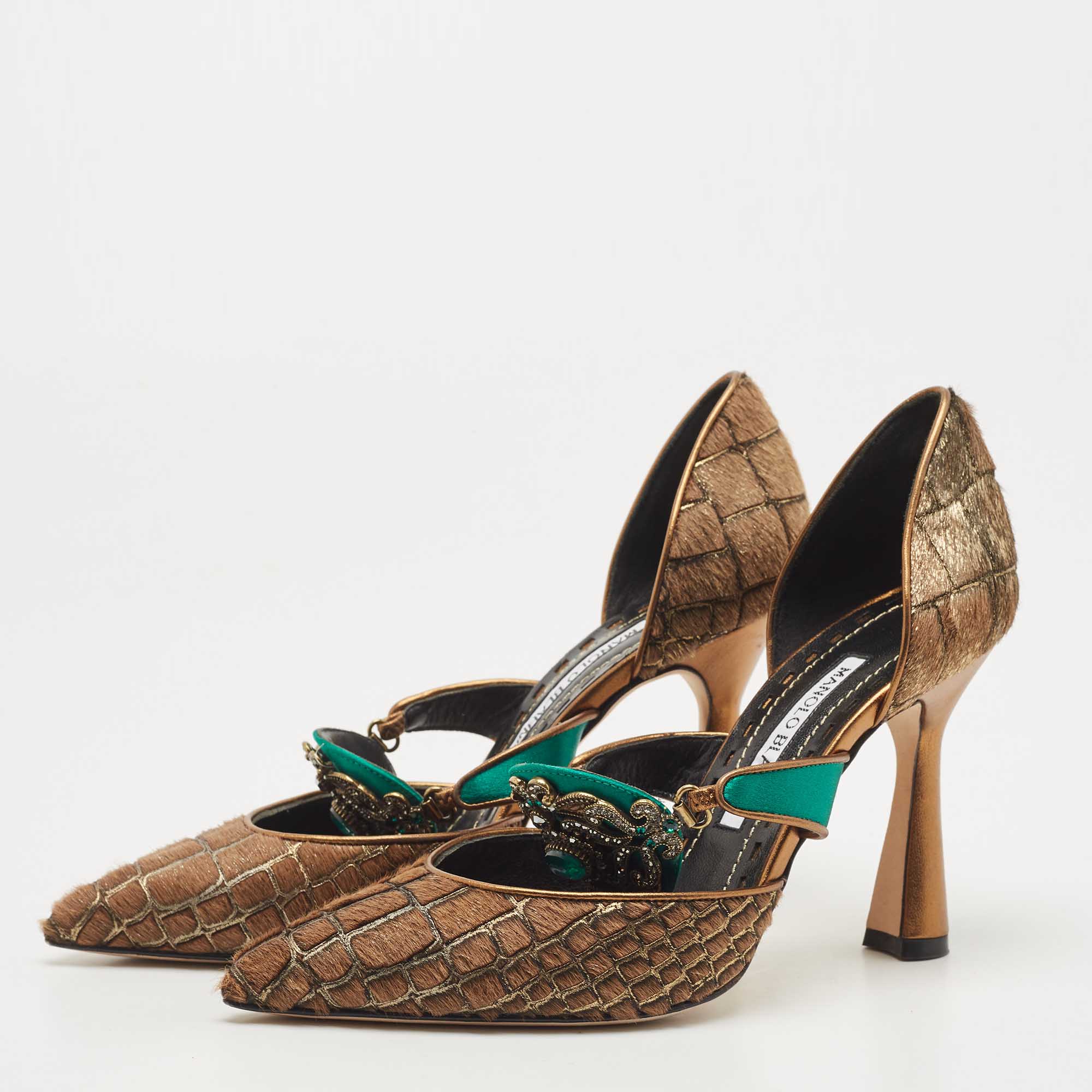 

Manolo Blahnik Brown/Green Calf Hair and Satin Crystal Embellished D'orsay Pointed Toe Pumps Size