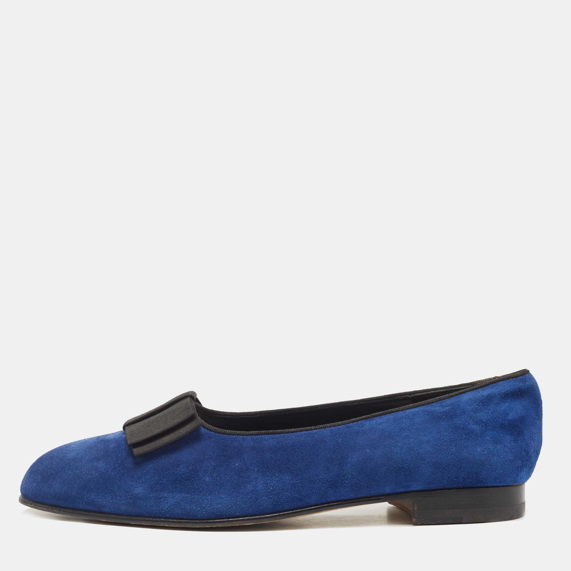 Pre-owned Manolo Blahnik Blue Suede Leather Toro Opera Bow Slip On Loafers Size 41.5