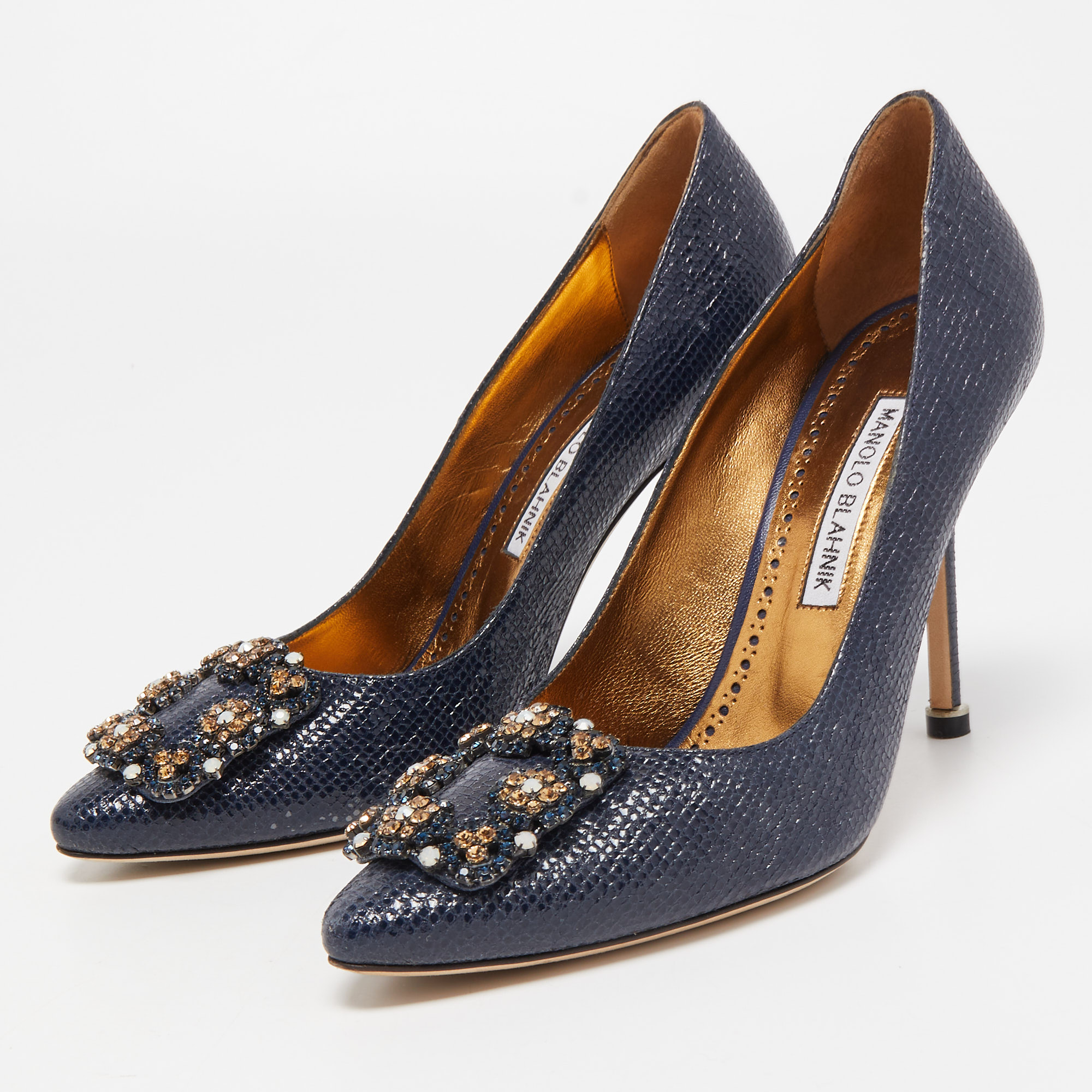 

Manolo Blahnik Navy Blue Textured Leather Hangisi Pumps Size