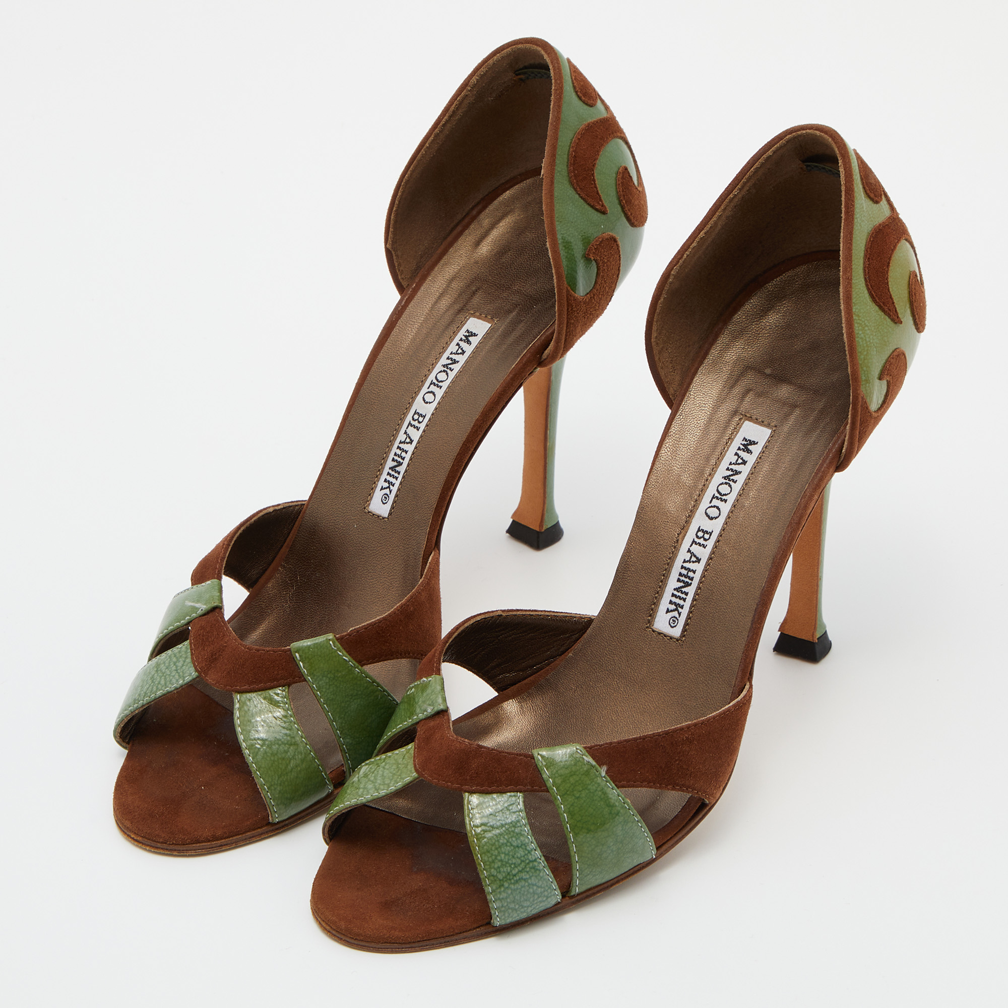 

Manolo Blahnik Green/Brown Patent Leather and Suede Palmata D'orsay Pumps Size