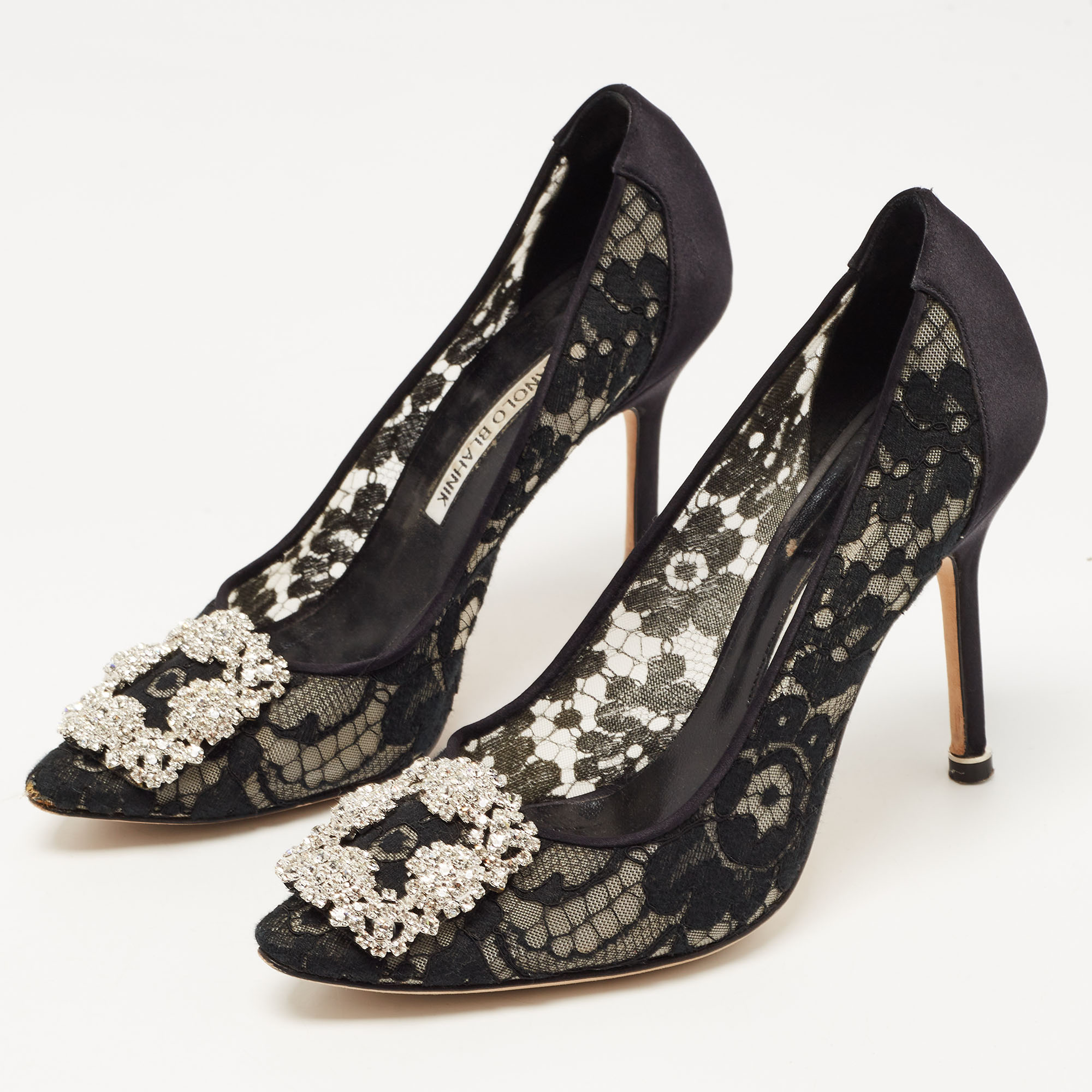 

Manolo Blahnik Black Lace and Satin Hangisi Pumps Size